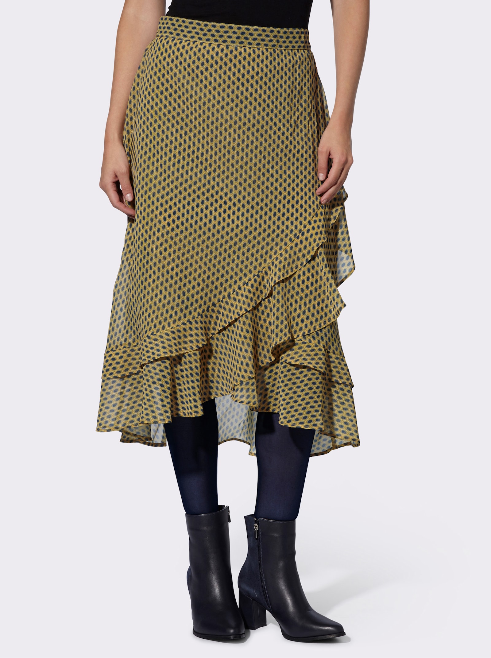 heine Jupe à volants au motif minimaliste - bleu foncé-ocre imprimé