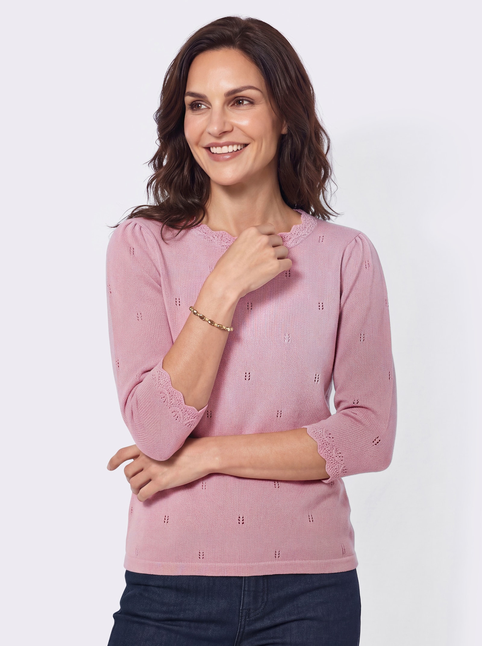 Baumwollpullover mit gewellten Abschlüssen - rosé