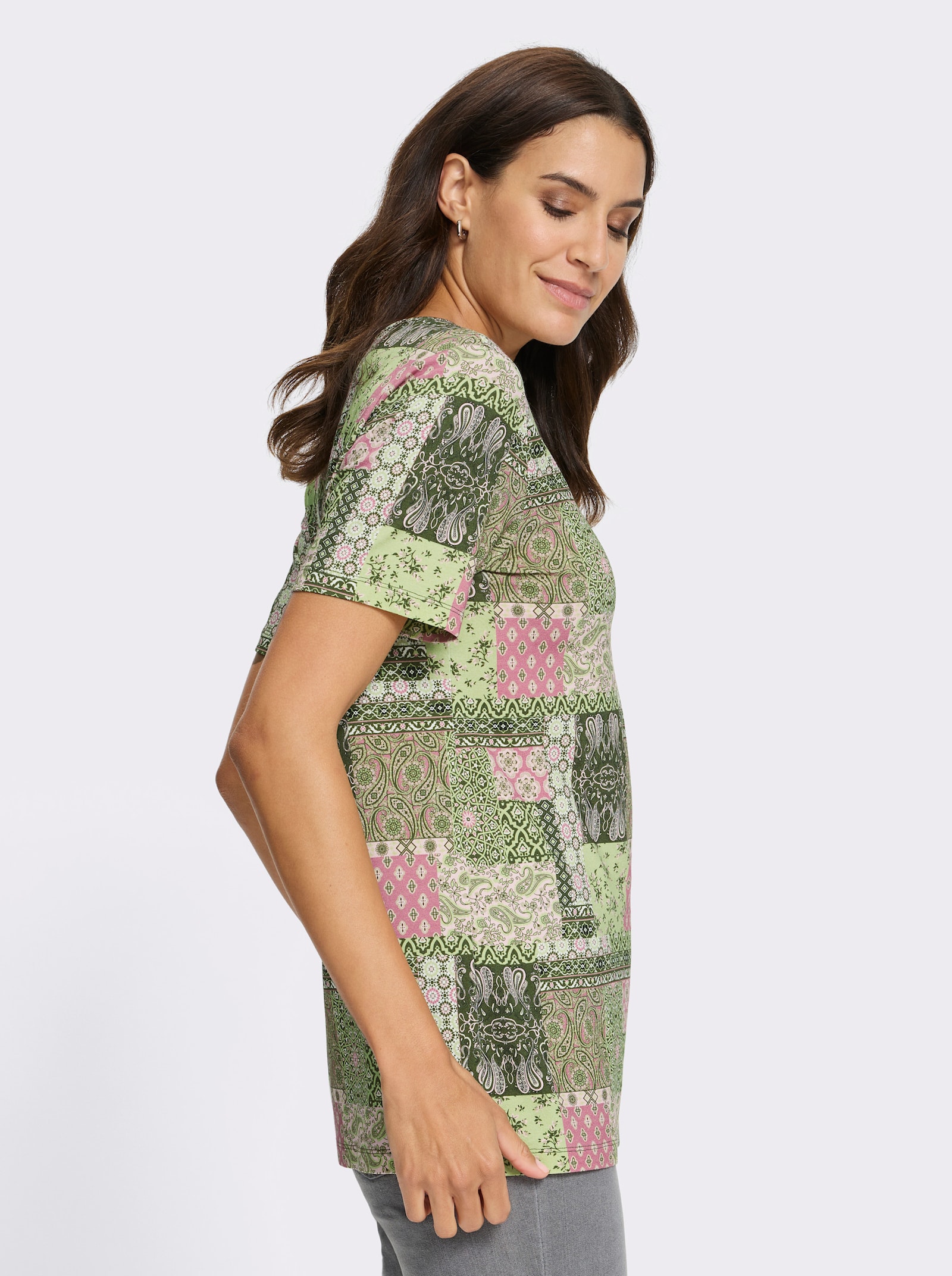 Tunikashirt mit Tropfen-Ausschnitt - altrosa-oliv-bedruckt