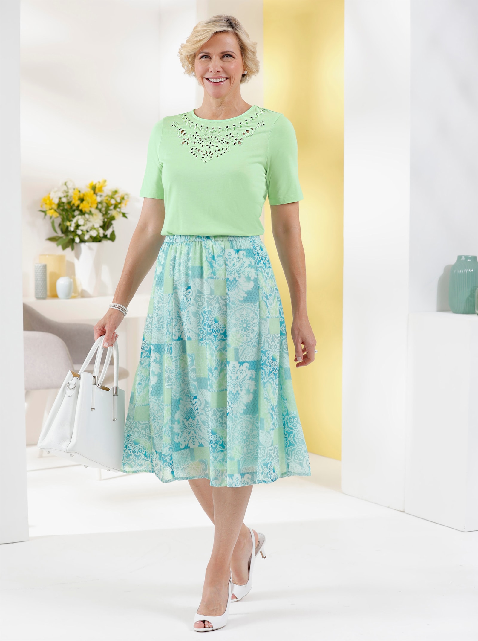 Bahnenrock mit floralem Dessin - kalkmint-hellgrau-bedruckt