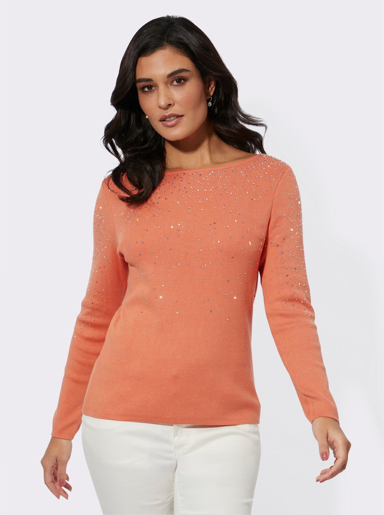 Langarm-Pullover mit silberglänzenden Steinchen - papaya