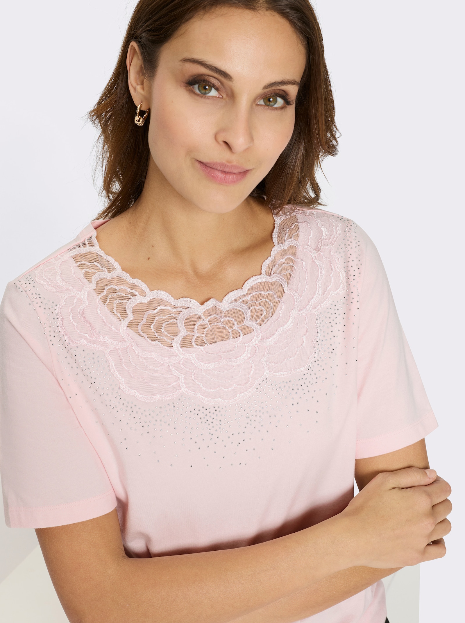 Kurzarmshirt mit Spitzeneinsatz - hellrosé