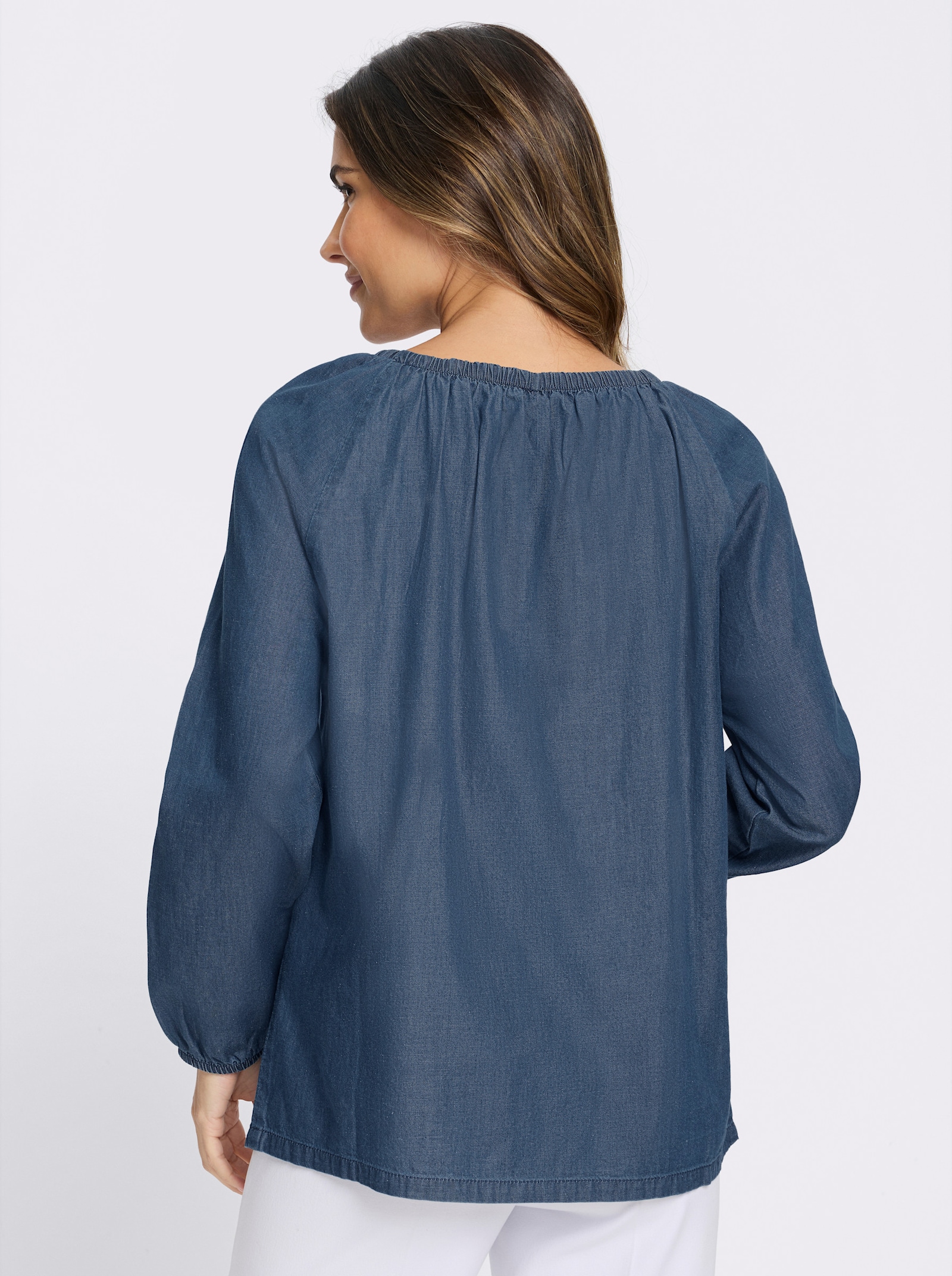 Jeansbluse mit Gummizug am Ausschnitt - blue-stone-washed