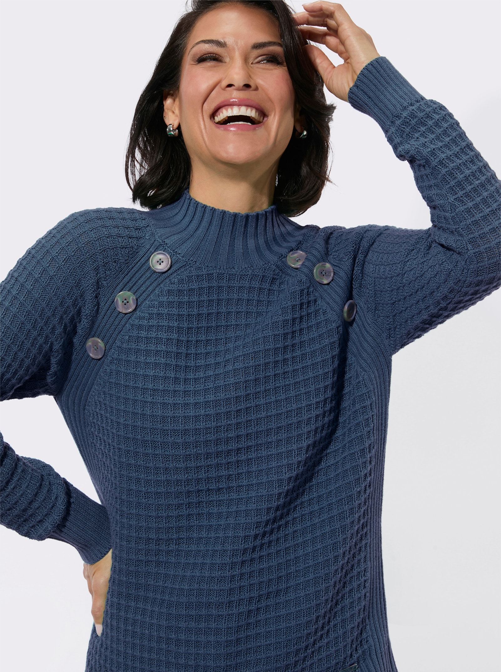 Stehkragenpullover mit Zierknöpfen - jeansblau