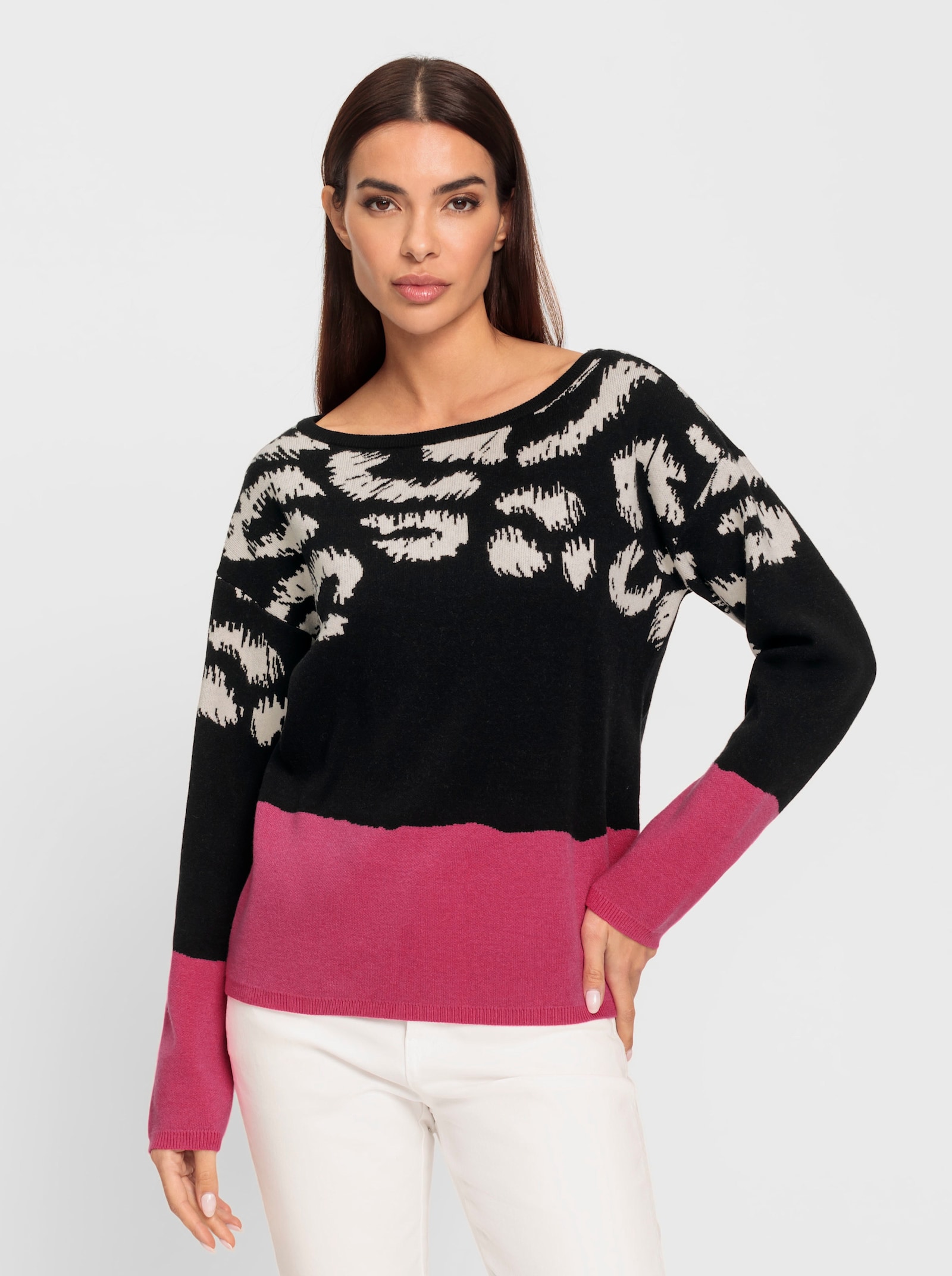 heine Langarm-Pullover mit U-Boot-Ausschnitt - fuchsia-schwarz-gemustert