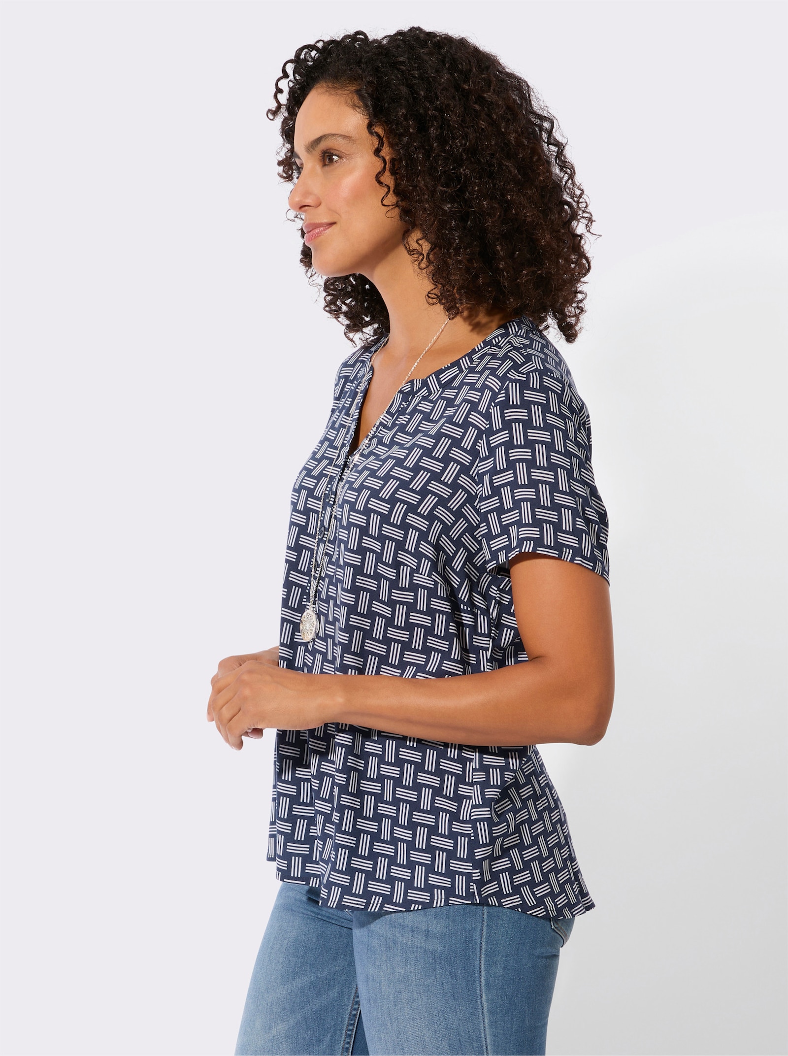 Druckbluse mit abgerundetem Saum - marine-ecru-bedruckt