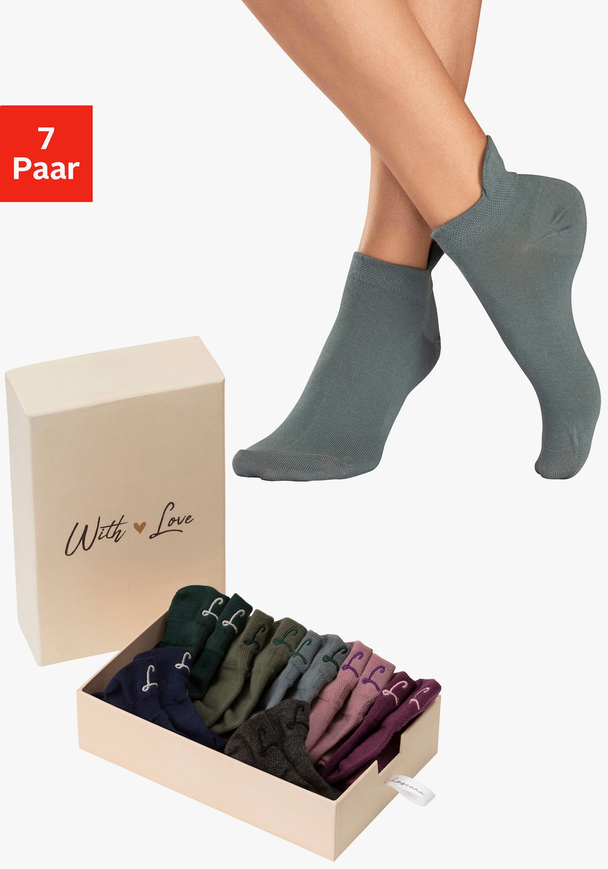 LASCANA Sneakersokken - 1x antraciet, 1x groen, 1x petrol, 1x grijsgroen, 1x oudroze, 1x bessenrood, 1x marine