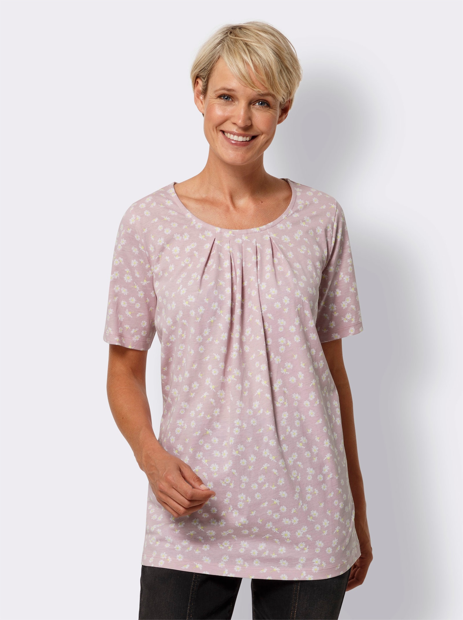 Lang shirt met bloemenprint - roze/wit bedrukt