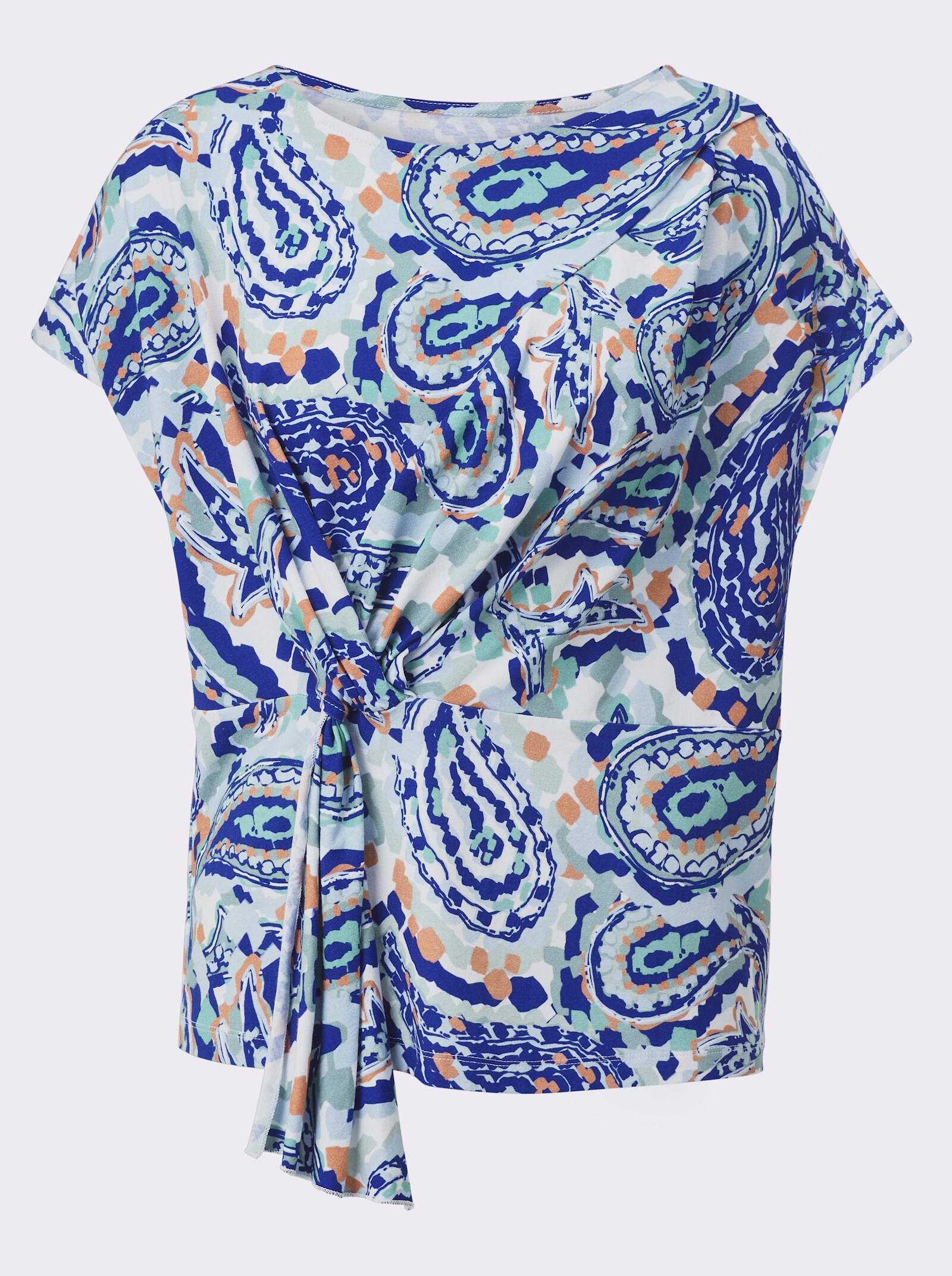 Rundhalsshirt mit Knotendetail - ecru-kalkmint-bedruckt