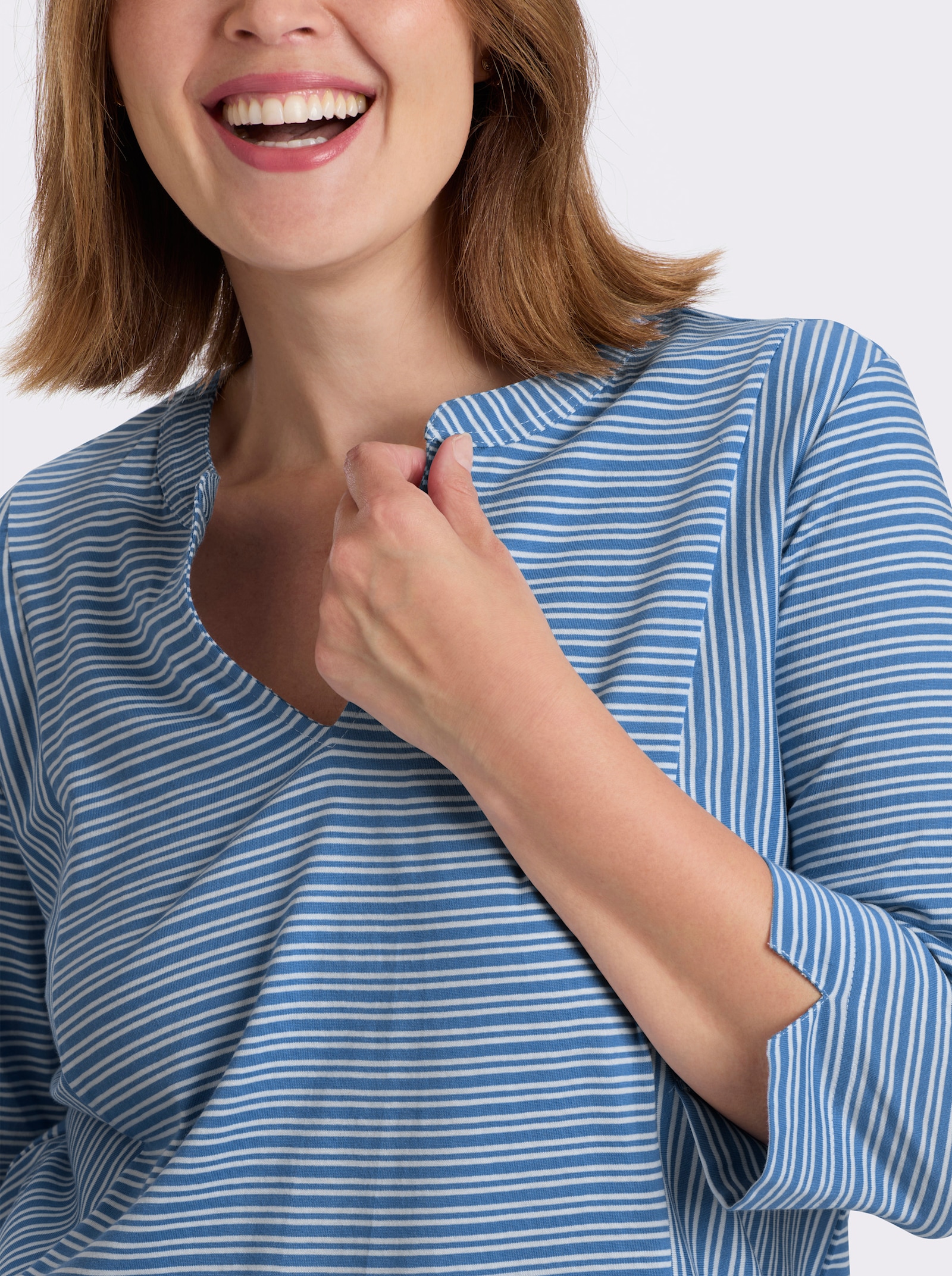 3/4-Arm-Shirt mit Ringel-Muster, garngefärbt - mittelblau-weiß-gestreift
