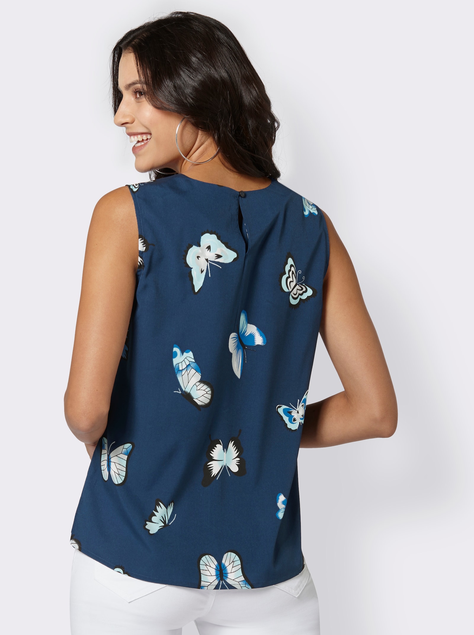 Blousetop met plooien bij de ronde hals - marine geprint