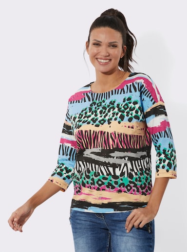 Rundhalsshirt im Mustermix - schwarz-pink-bedruckt