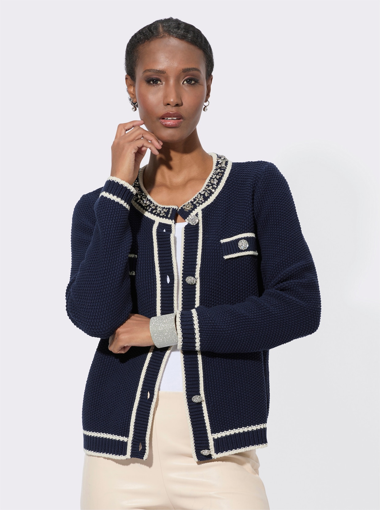 Cardigan - marine-champagner-gemustert