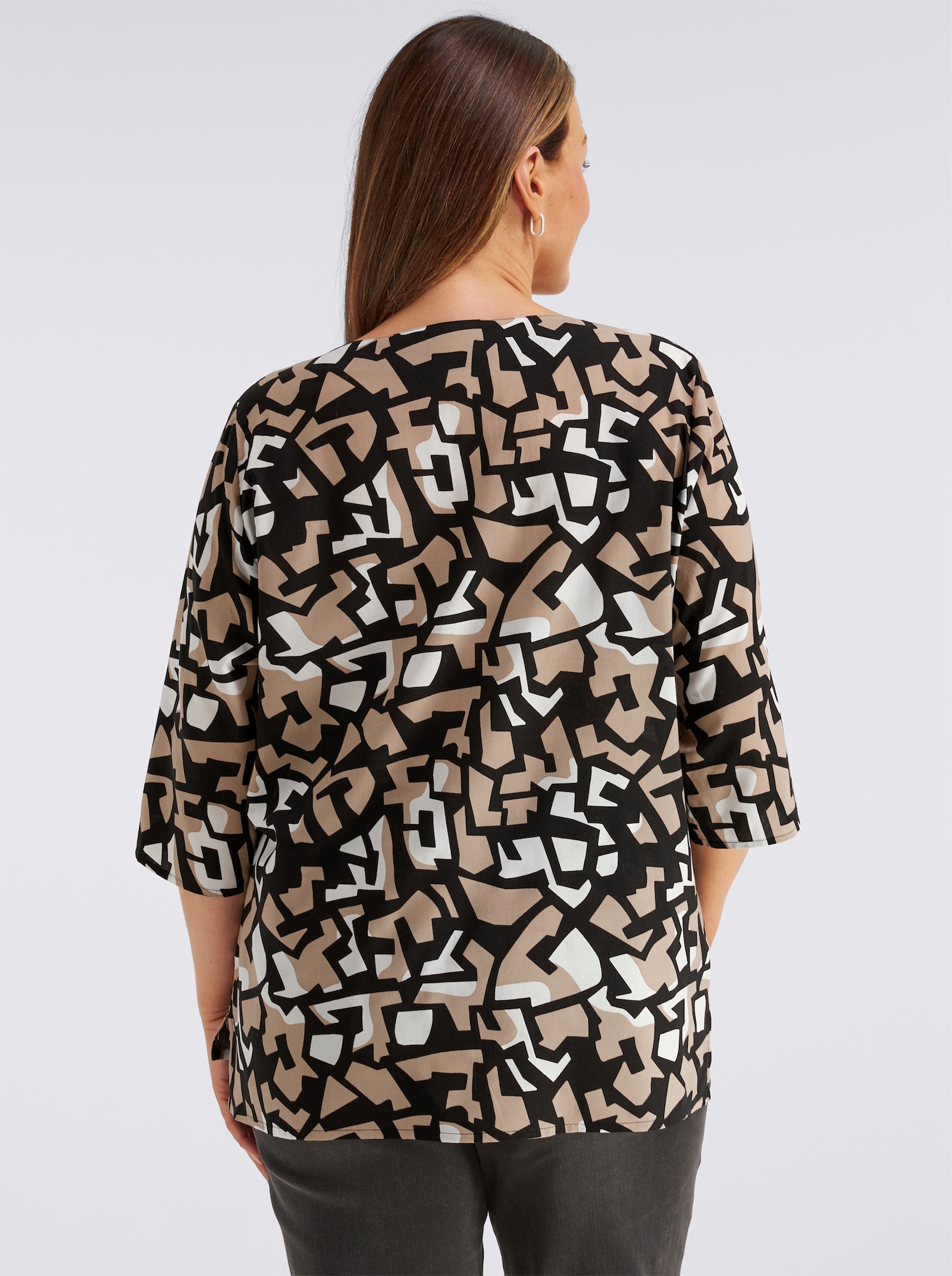 Druckbluse mit Falten am Ausschnitt - beige-schwarz-bedruckt