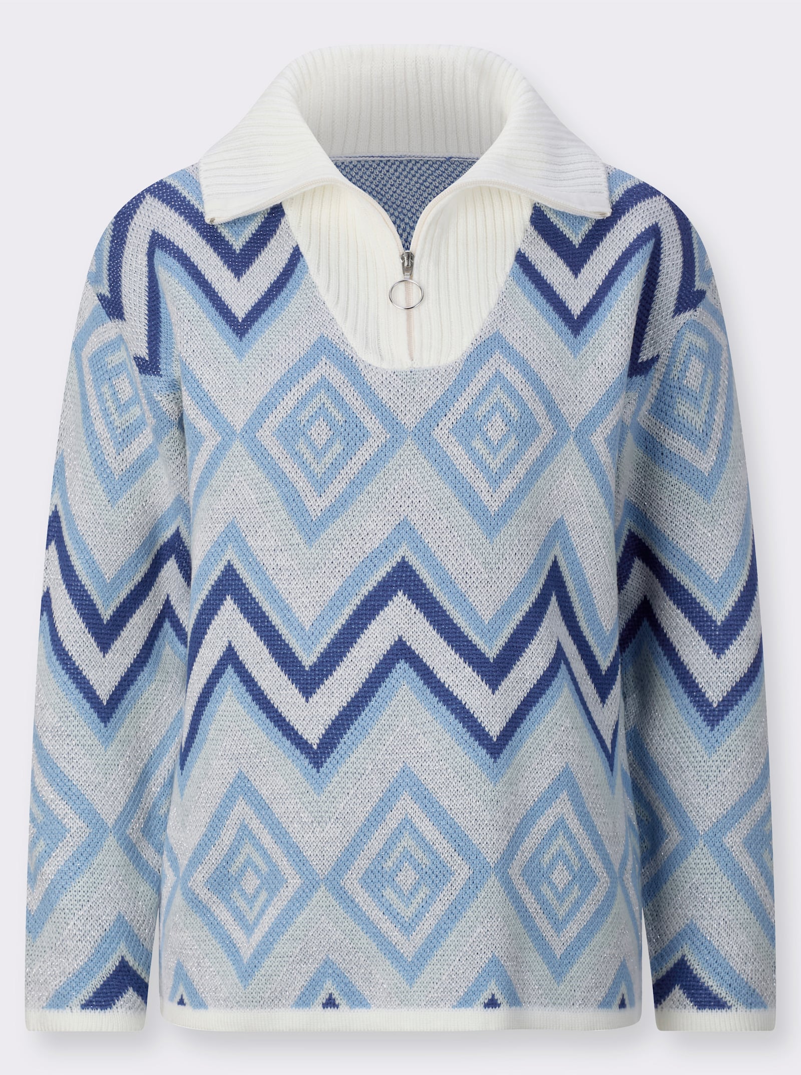 Troyer mit Rauten-Muster und Glanzgarn - ecru-himmelblau-gemustert