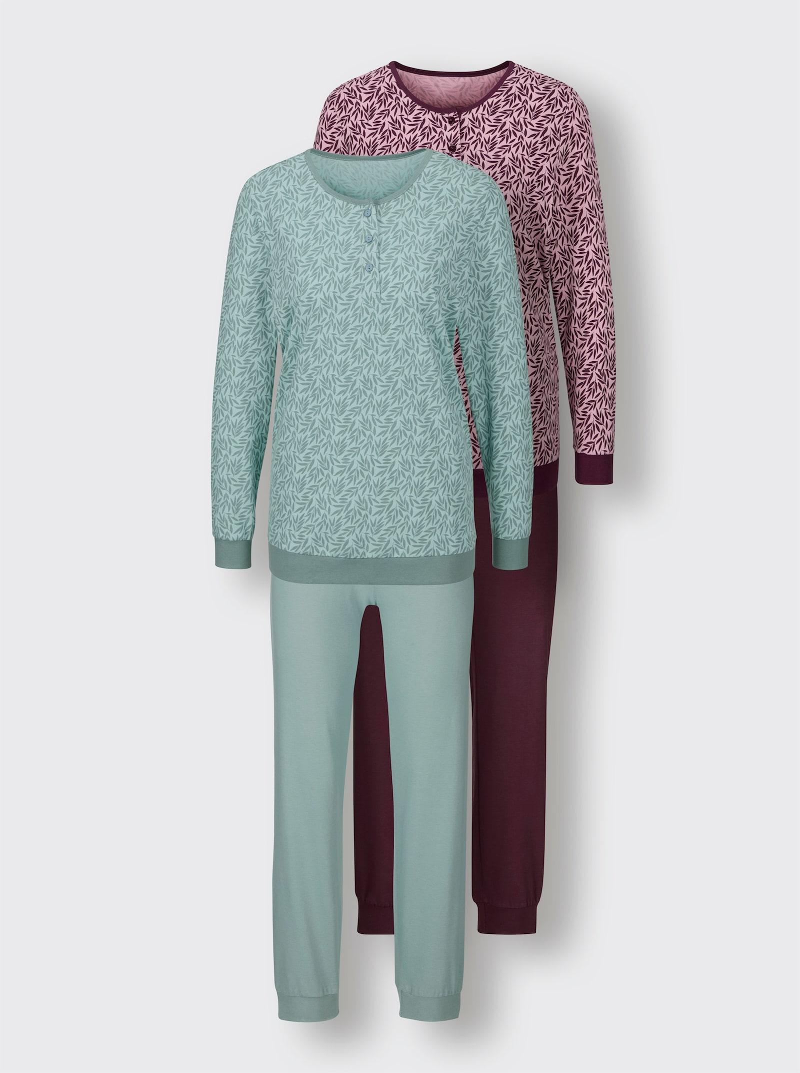 wäschepur Schlafanzüge - mint-jade-bedruckt + rosé-burgund-bedruckt