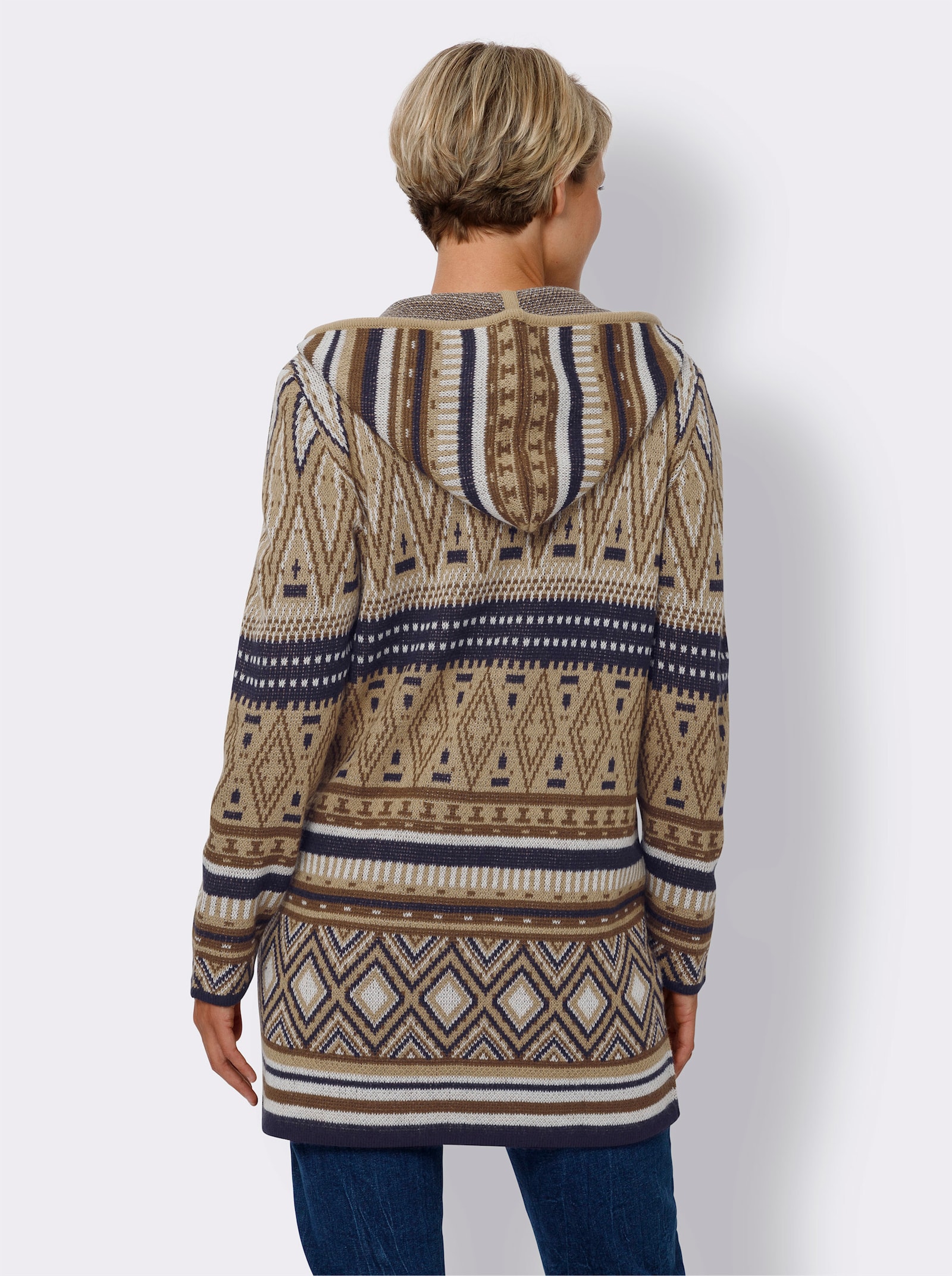 Pletený kabátek s norským žakárovým vzorem - velbloudí-námořnická modrá-vzor