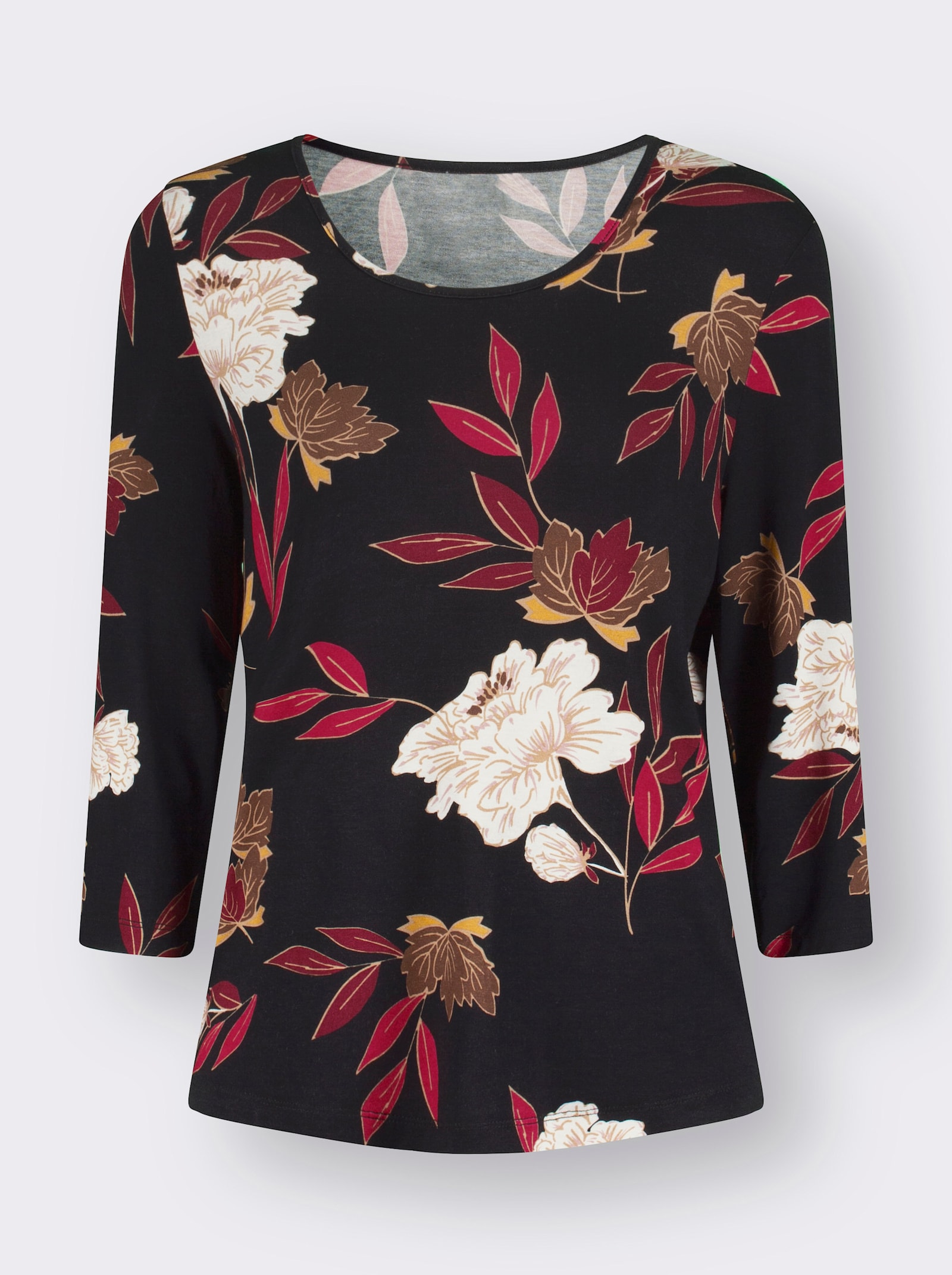 Print-Shirt mit floralem Muster - dunkelrot-ocker-bedruckt