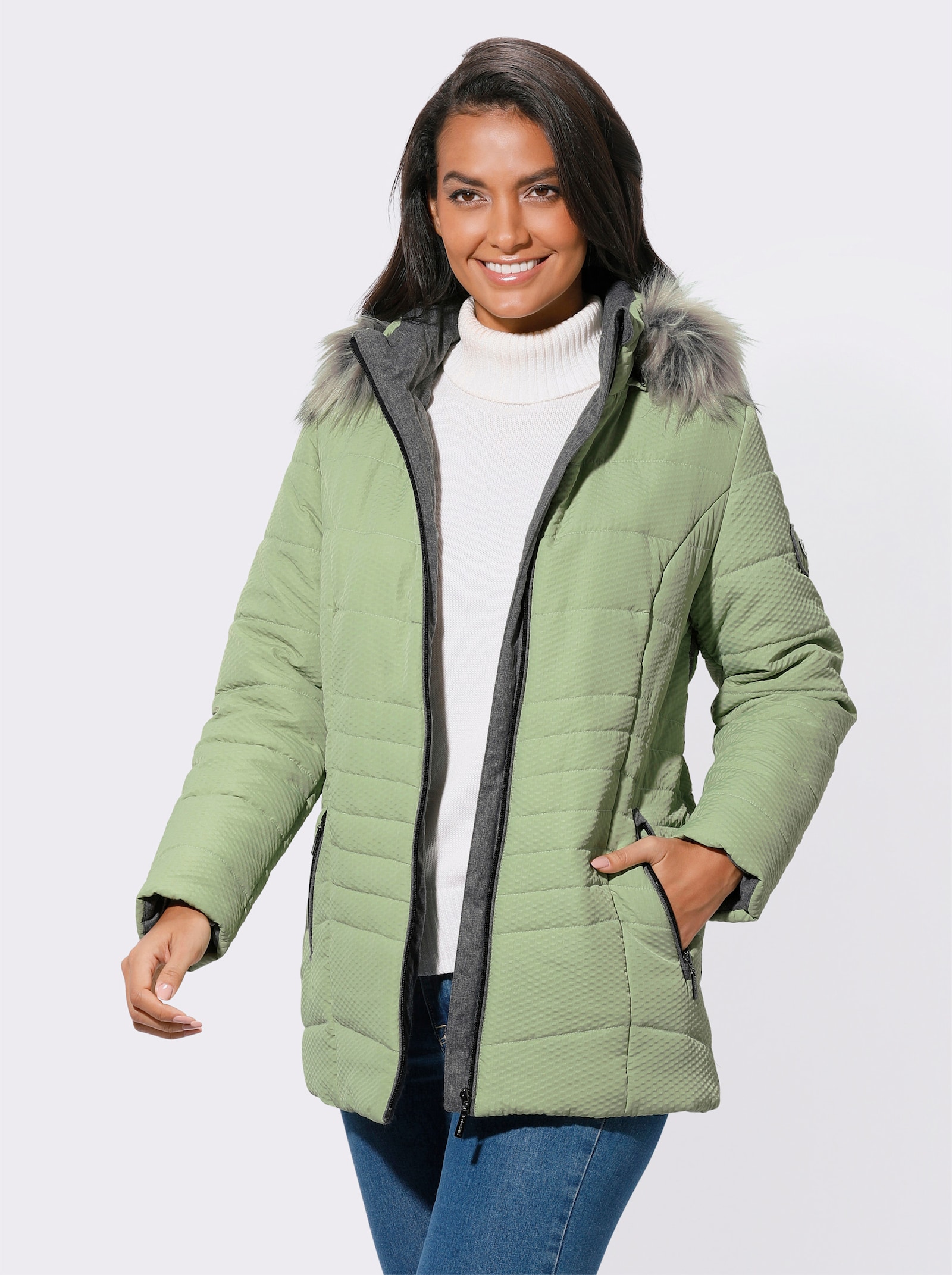 Steppjacke mit abnehmbarem Pelz-Imitat - eucalyptus