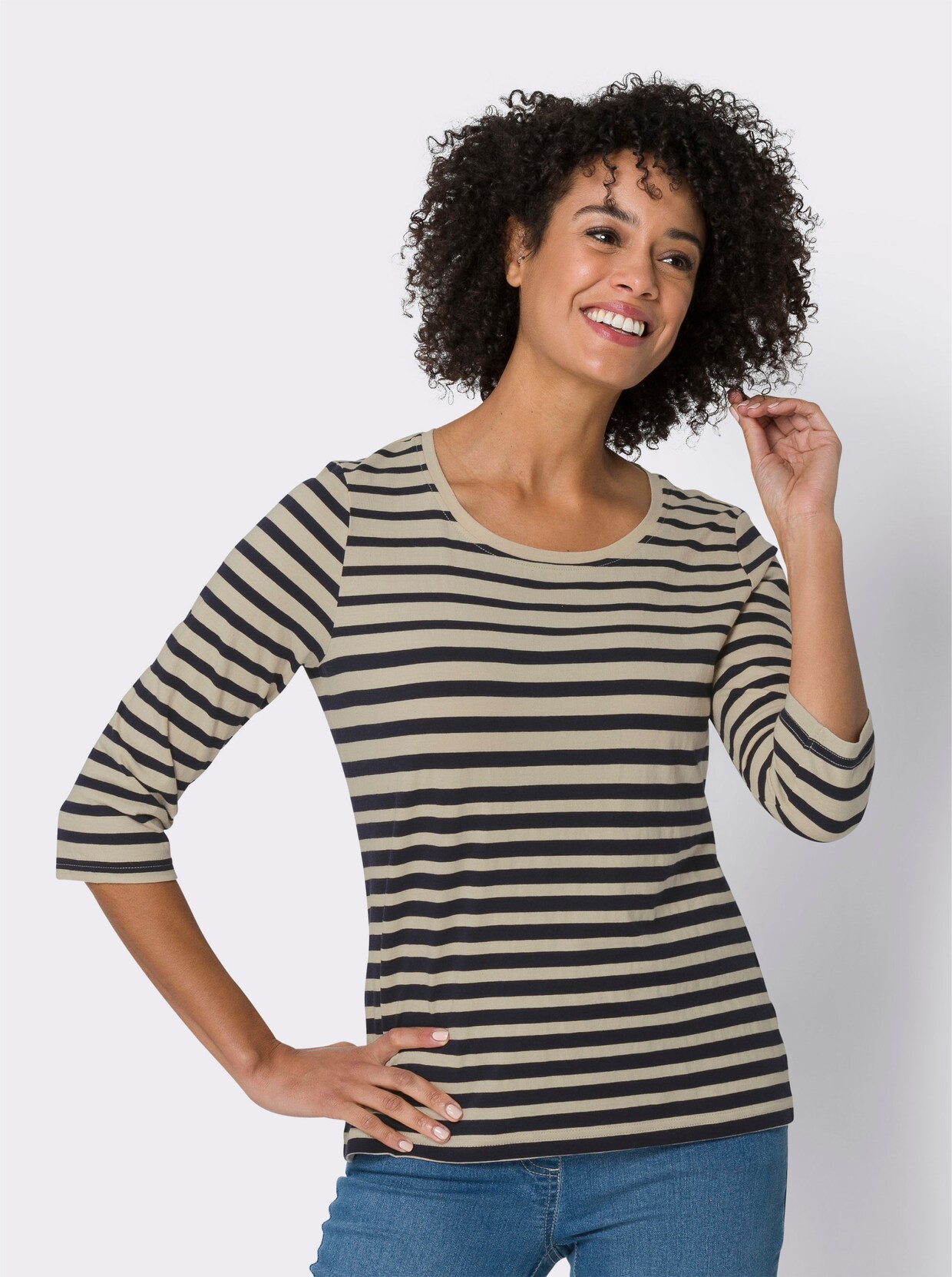 Shirt met 3/4-mouw - zand/marine gestreept