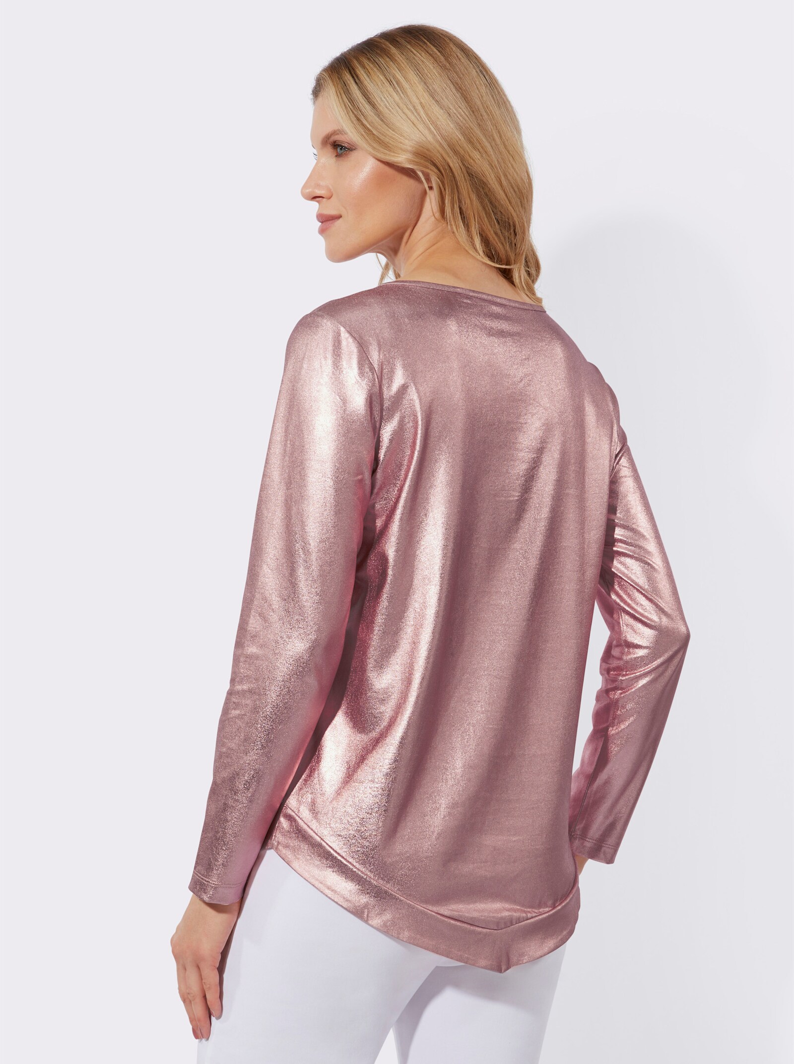 Dlouhé tričko z lesklého materiálu - hortenziová