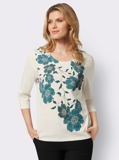3/4-Arm-Shirt mit platziertem Blumenprint - champagner-petrol-bedruckt