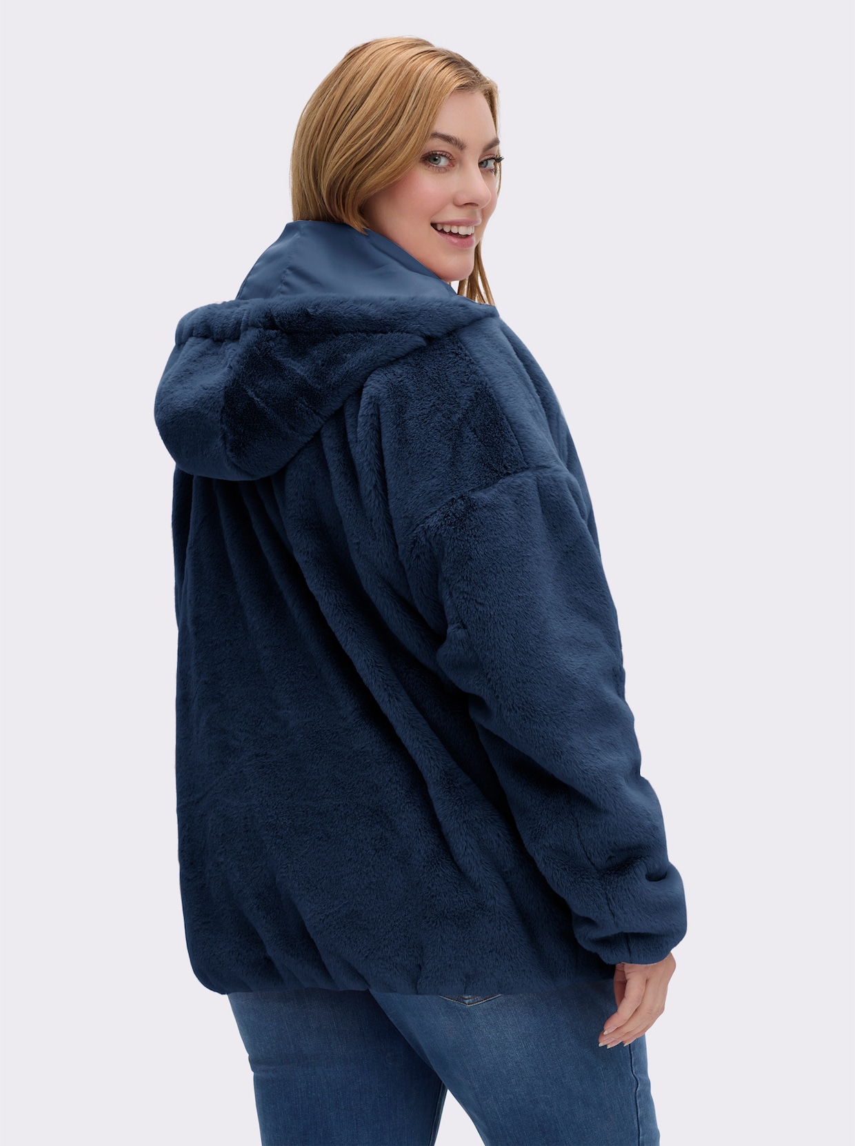 Fellimitatjacke mit Gummizug an Ärmeln und Saum - dunkelblau