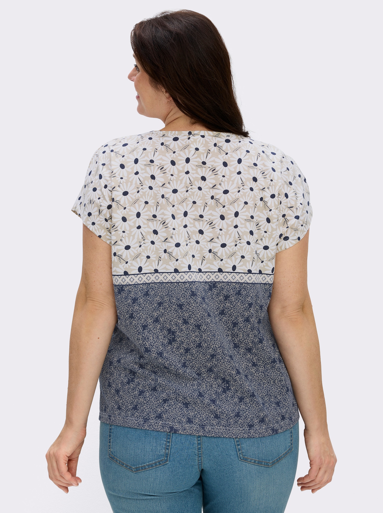 Kurzarmshirt mit Tropfen-Ausschnitt - weiß-marine-bedruckt