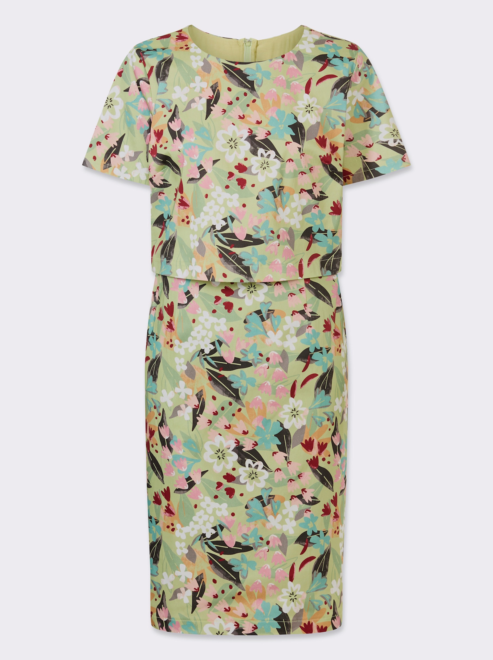 Druckkleid in 2-in-1-Optik - lindgrün-altrosa-bedruckt