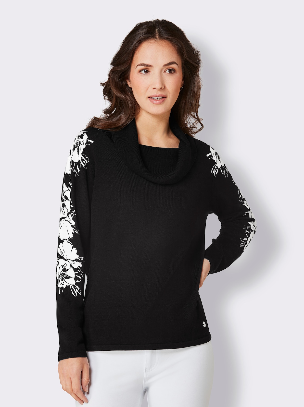 CREATION L PREMIUM Modal-Pullover - schwarz-ecru-bedruckt