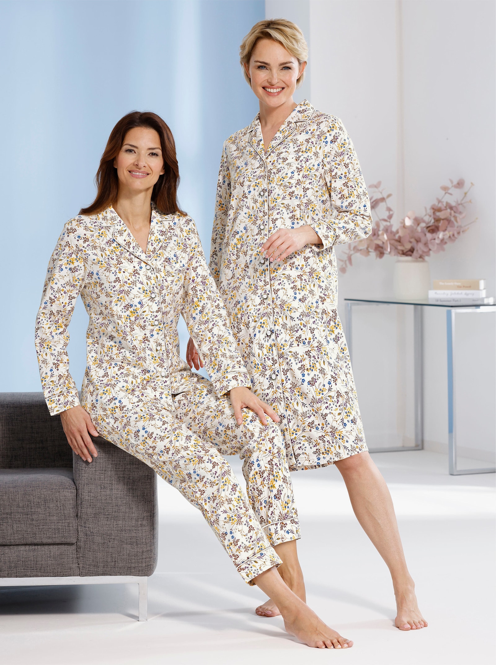 wäschepur Nachthemd - champagne/middenblauw bedrukt