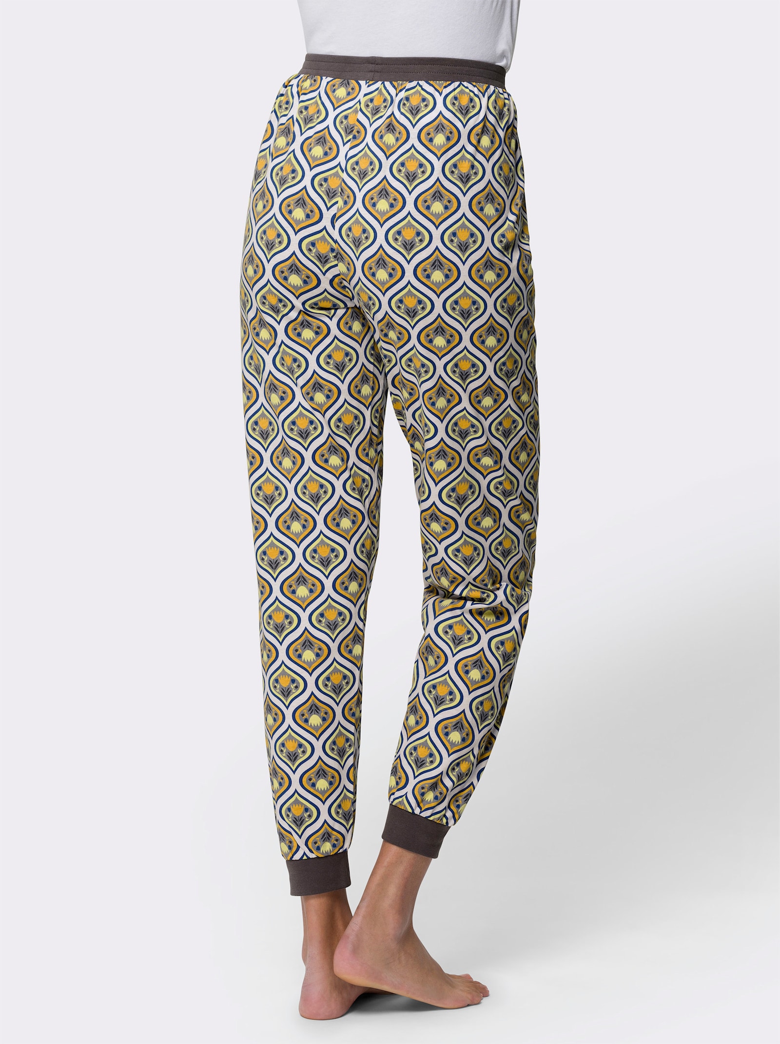 Pyžamové nohavice, elastické kontrastné manžety - antracit.-okrová-potlač