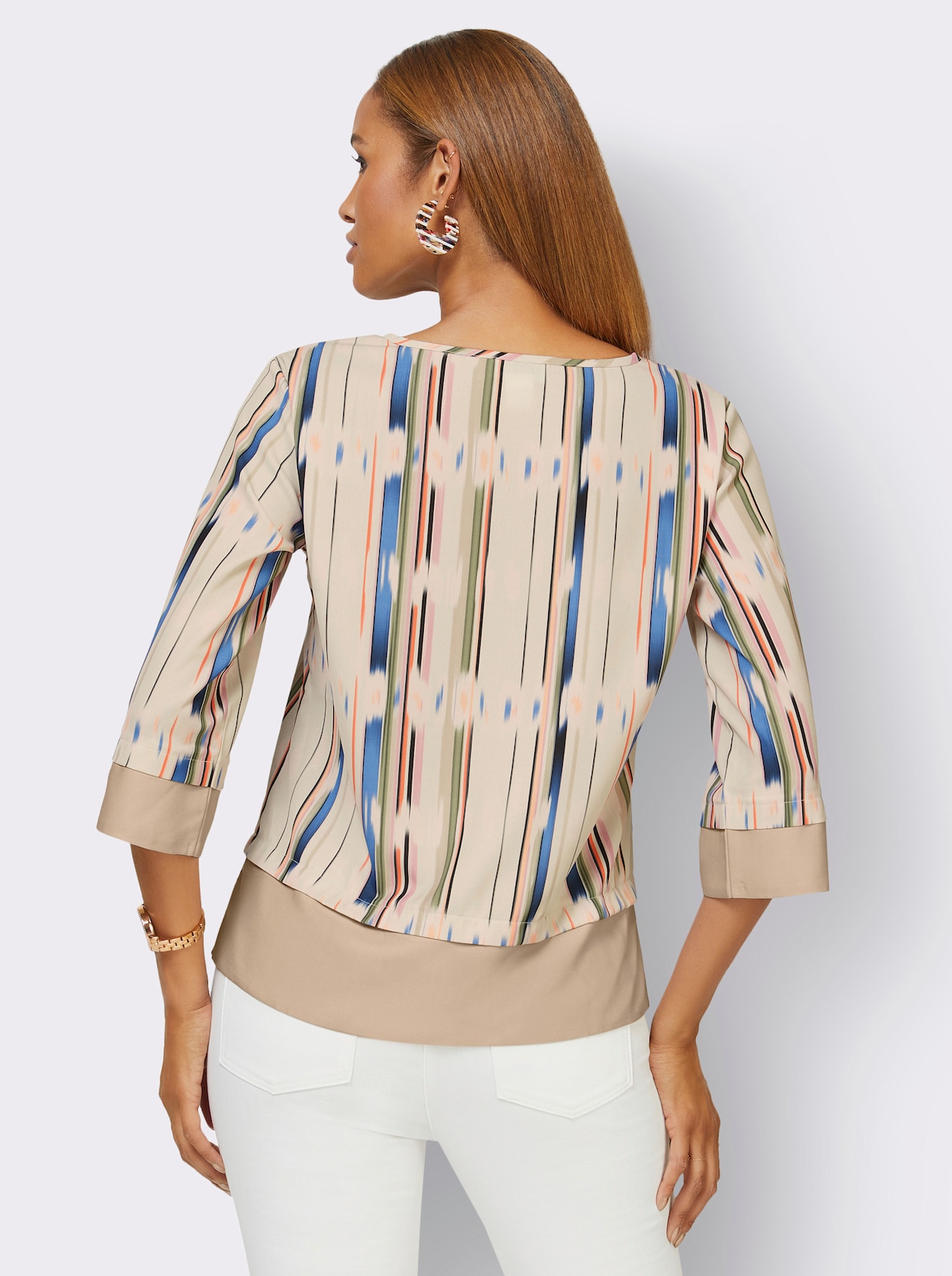 Druckbluse - beige-mandarine-bedruckt