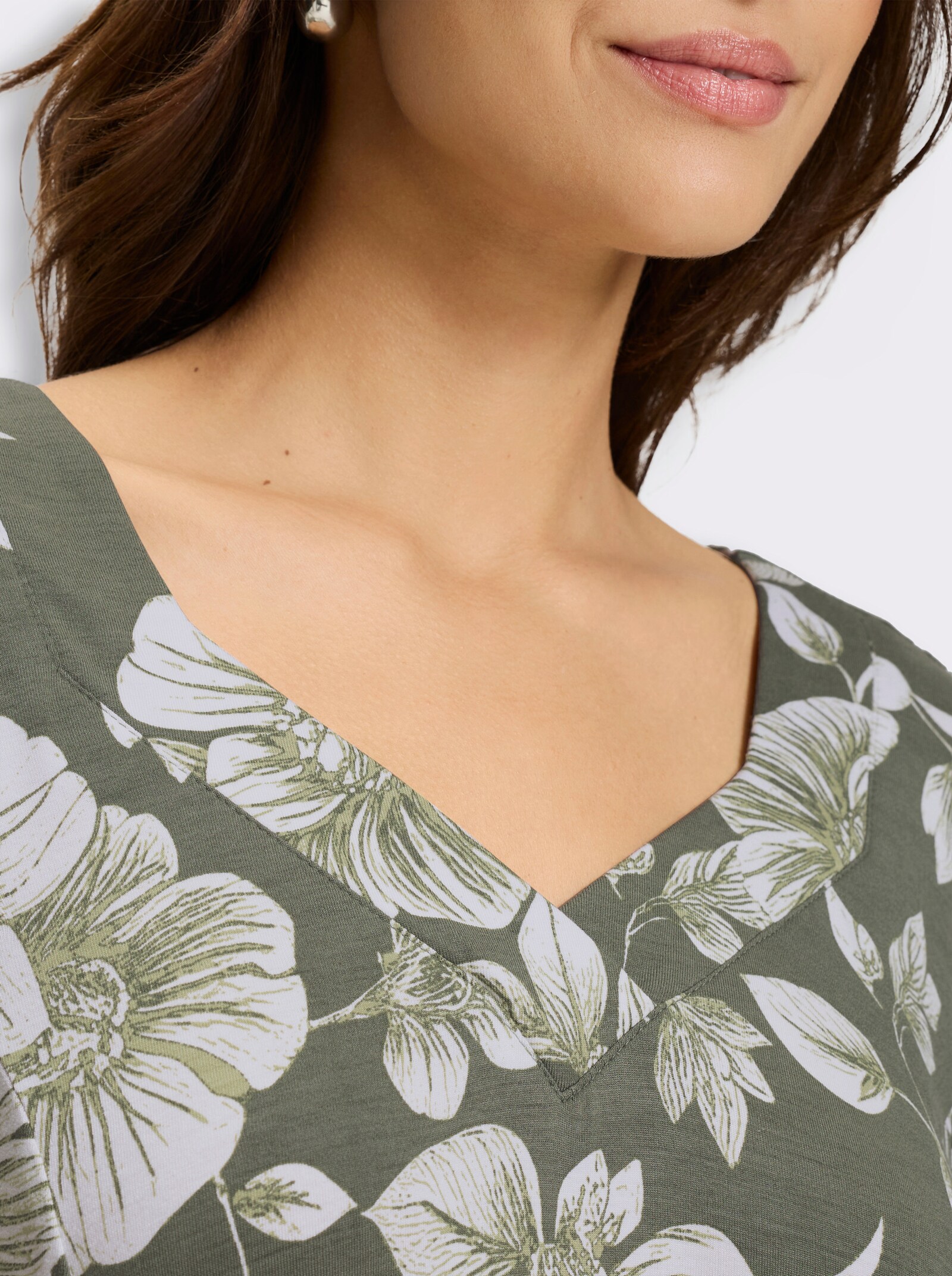 Jerseykleid in A-Linie - khaki-weiß-bedruckt