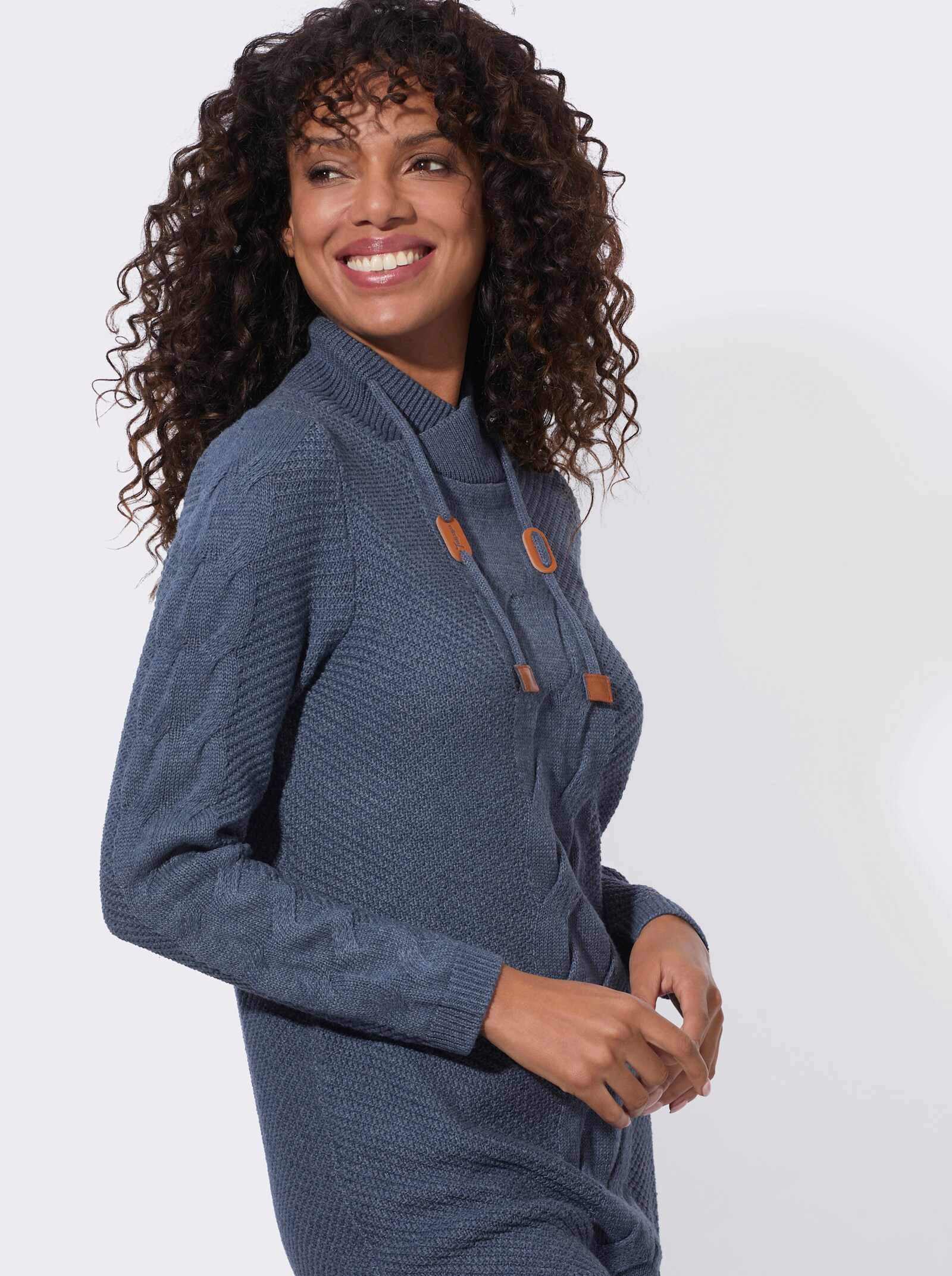 Longpullover mit Zopfmuster - rauchblau-meliert