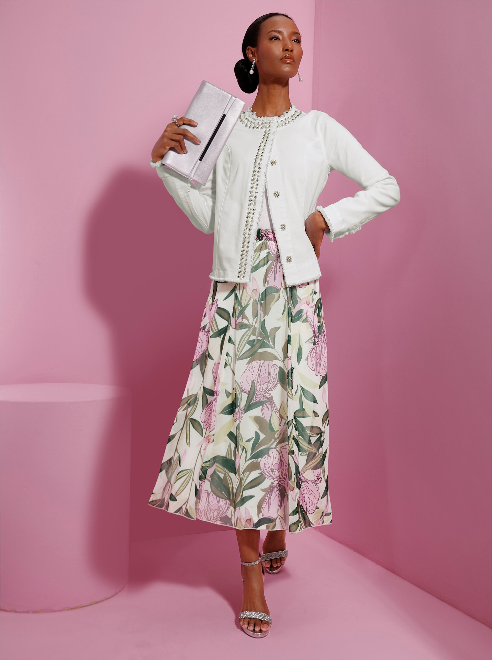 Bahnenrock mit Viskose-Futter - ecru-orchidee-bedruckt