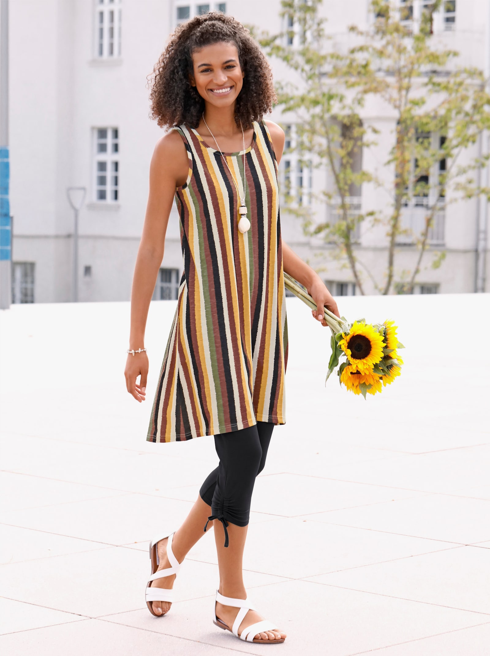 Jerseykleid mit Flammgarn-Struktur - ocker-khaki-gestreift