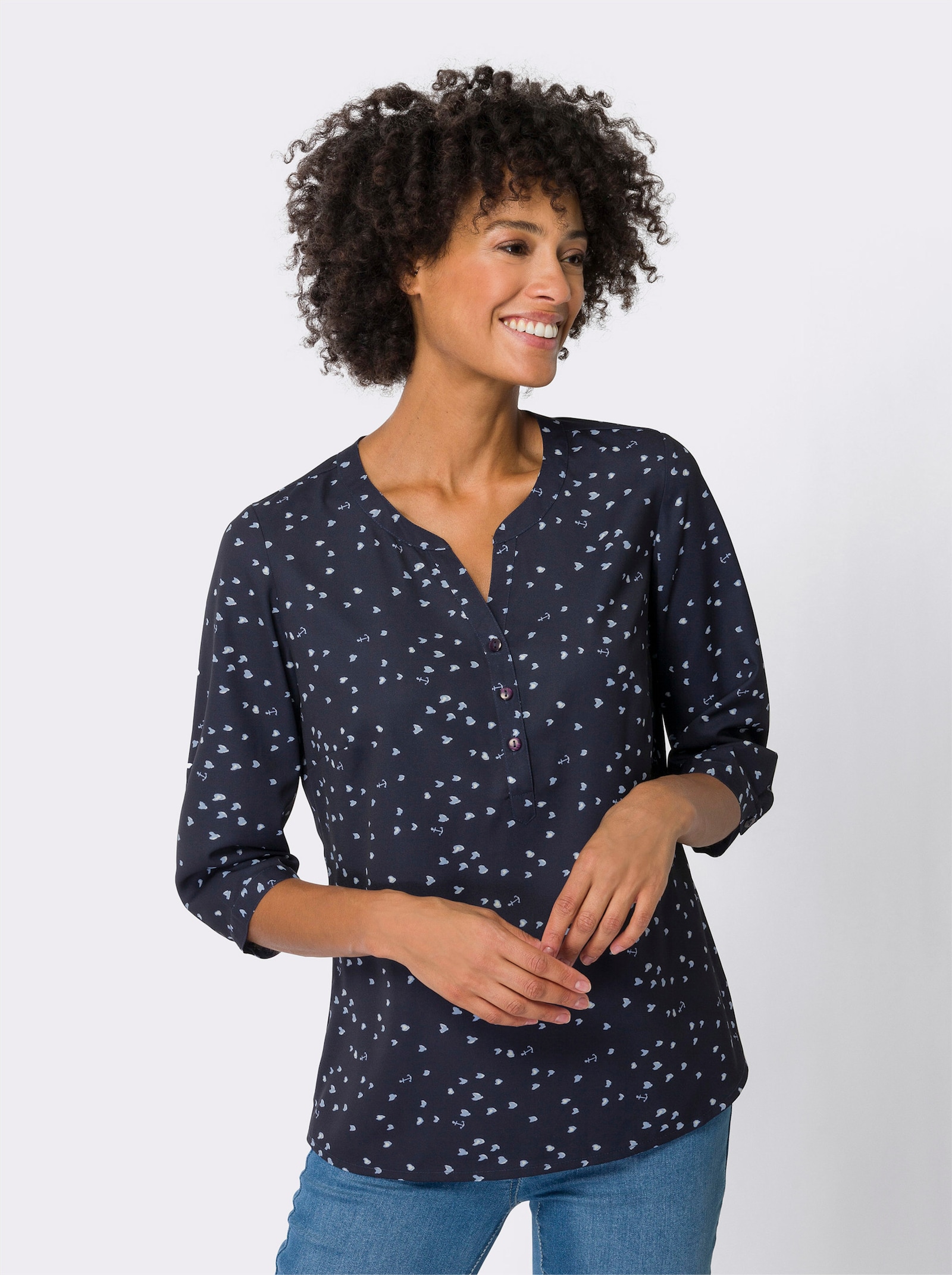 Schlupfbluse mit 3/4-Ärmeln - marine-ecru-bedruckt