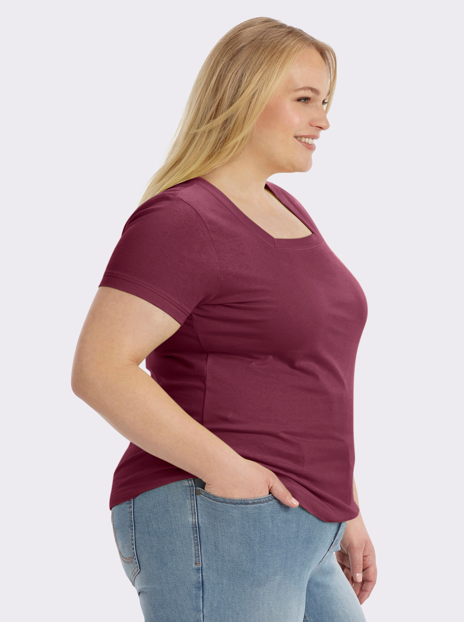 Kurzarmshirt mit Karree-Ausschnitt - bordeaux