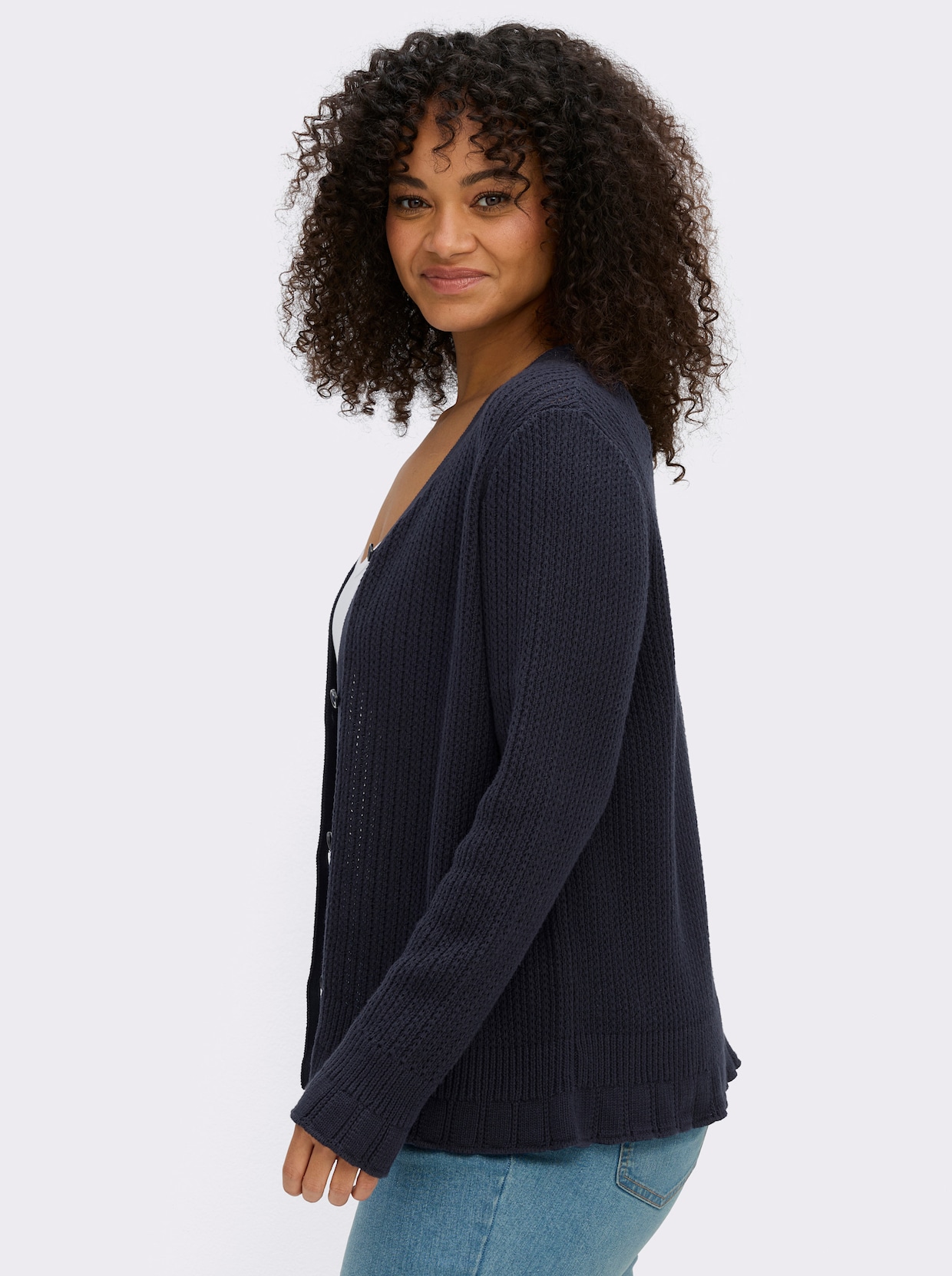 sheego Ajourstrickjacke mit V-Ausschnitt - tiefblau