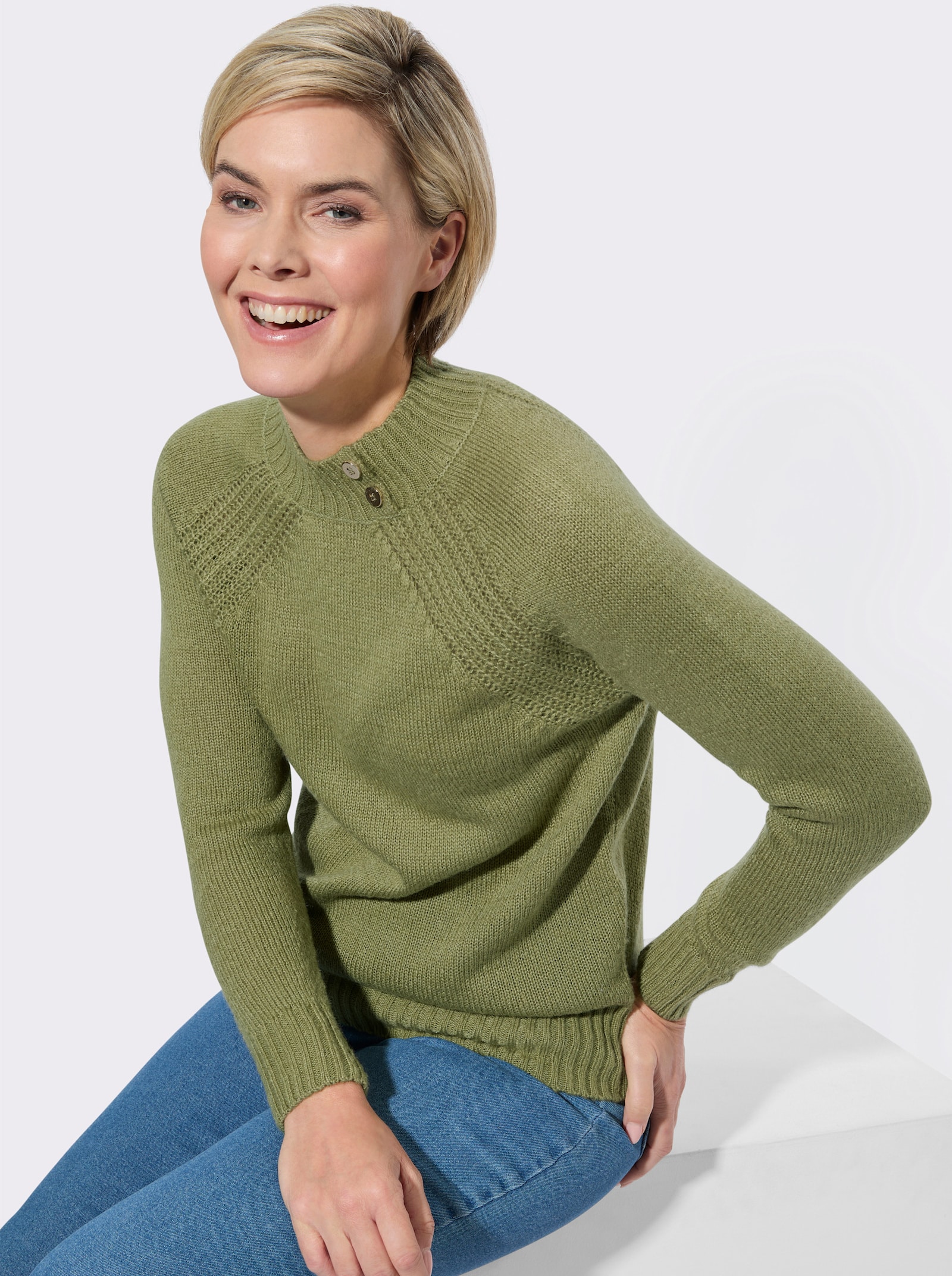 Stehkragenpullover mit Schmuckknöpfen - schilf
