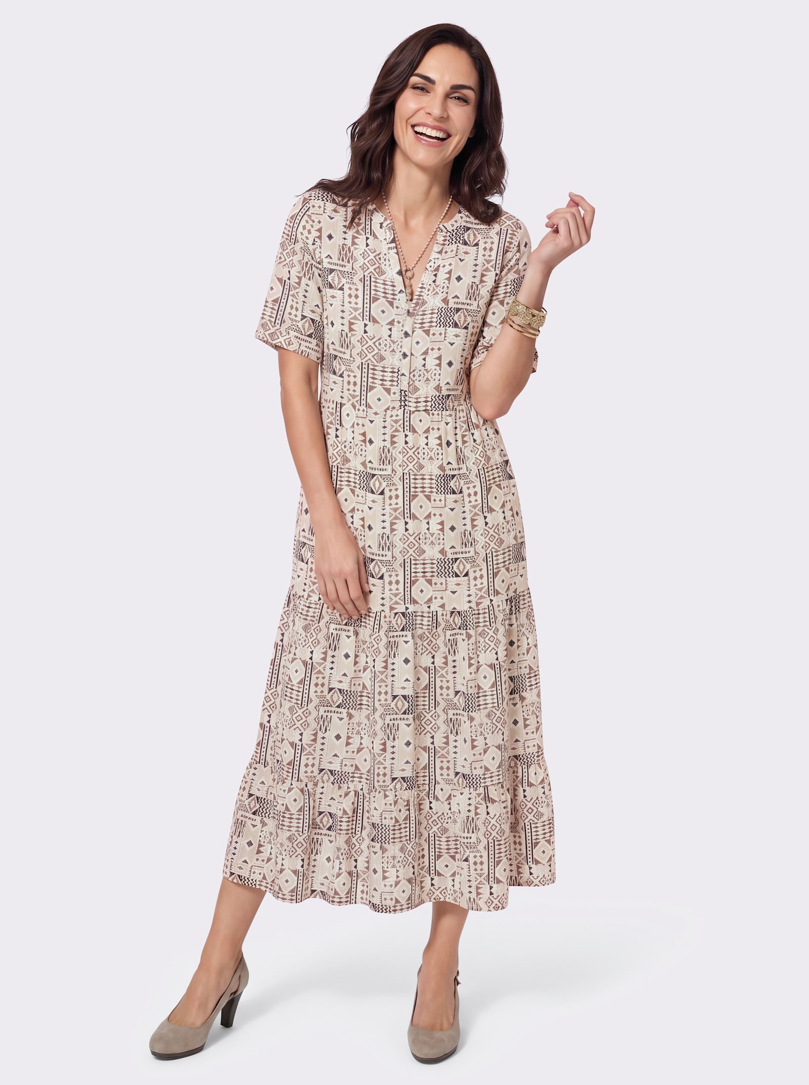 Druckkleid mit 2 Nahttaschen - sand-schwarz-bedruckt