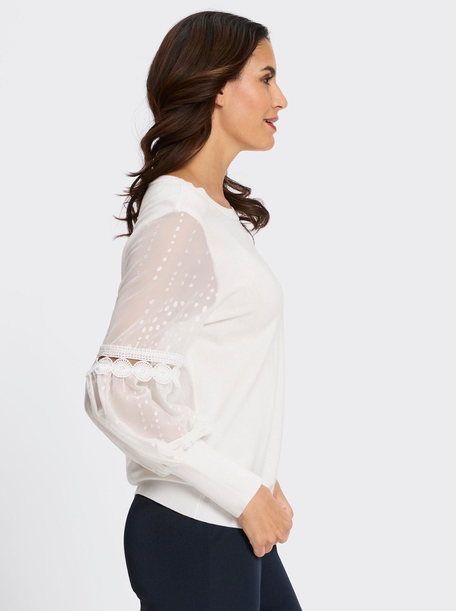 Feinstrickpullover mit gewebten Ballon_Ärmeln - ecru