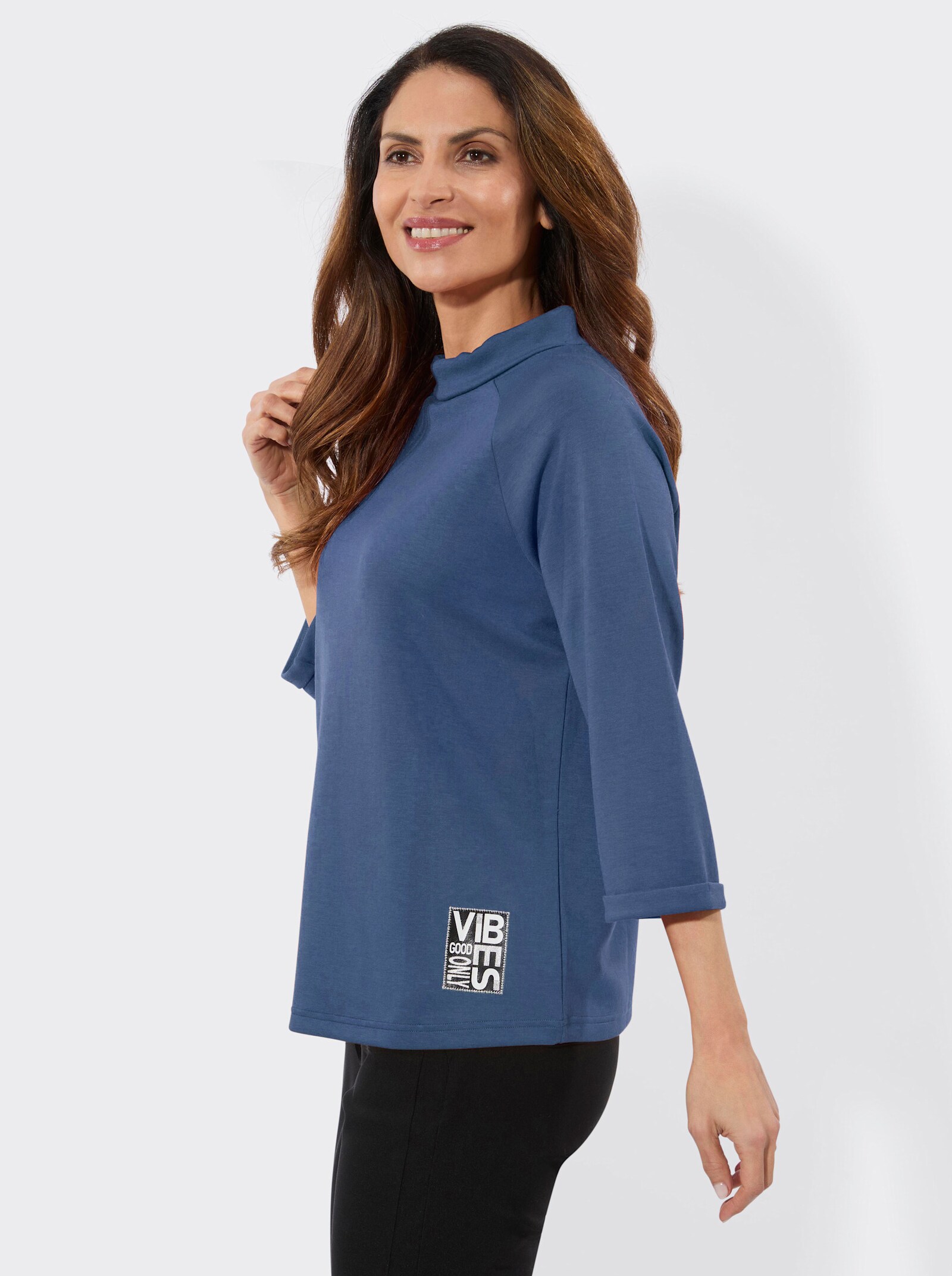 3/4-Arm-Shirt mit halsfernem Rollkragen - jeansblau