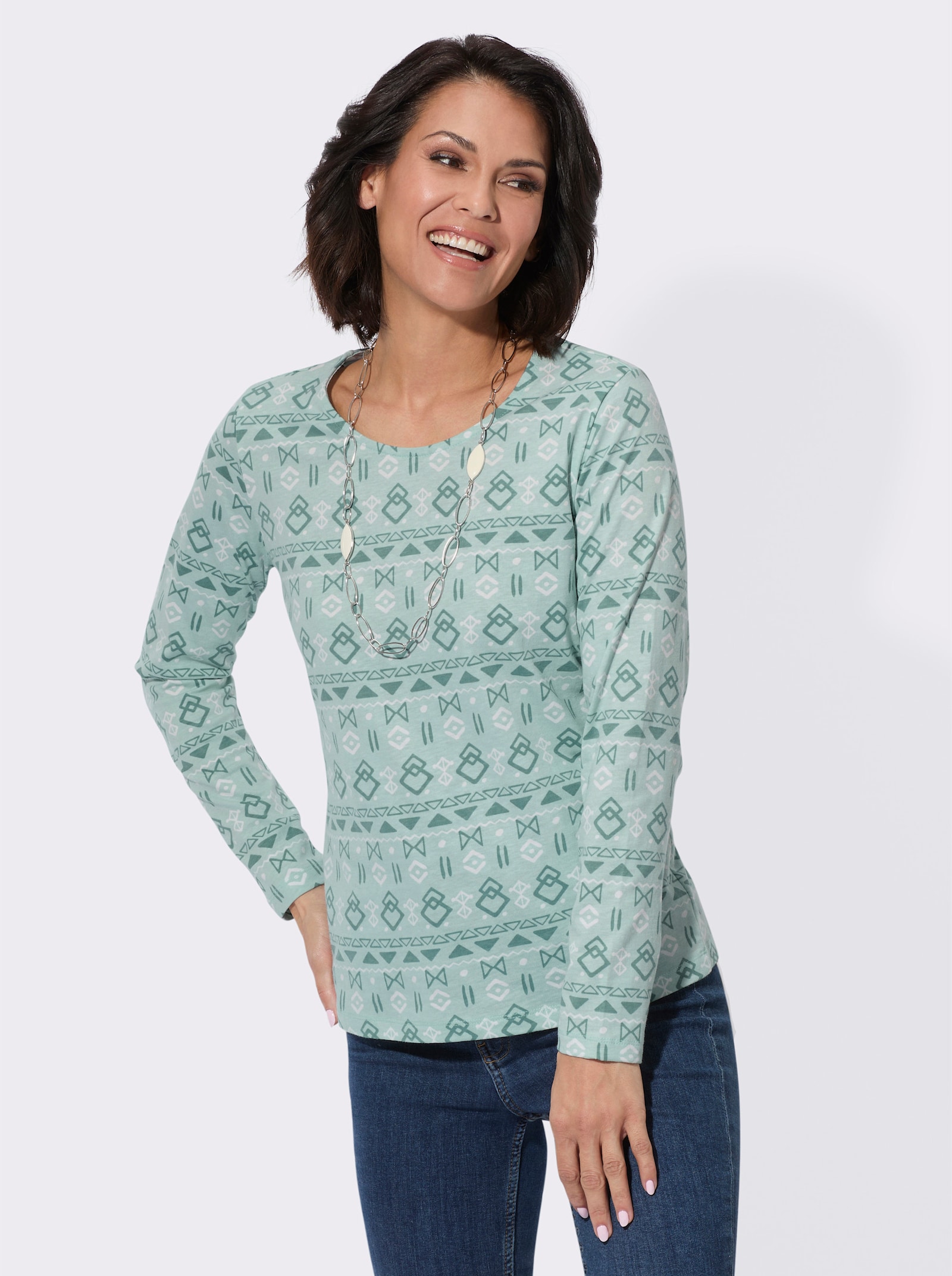 Print-Shirt mit paspeliertem Rundhals-Ausschnitt - mint-bedruckt