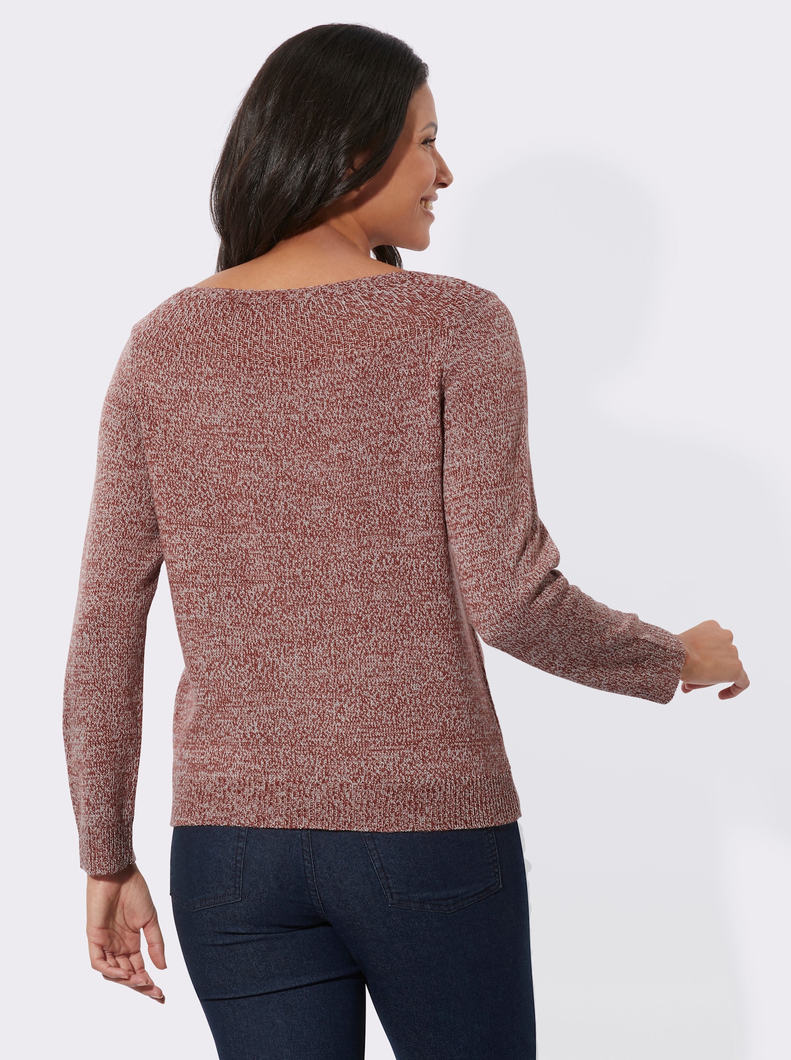 Langarm-Pullover mit U-Boot-Ausschnitt - rotbraun-ecru-meliert