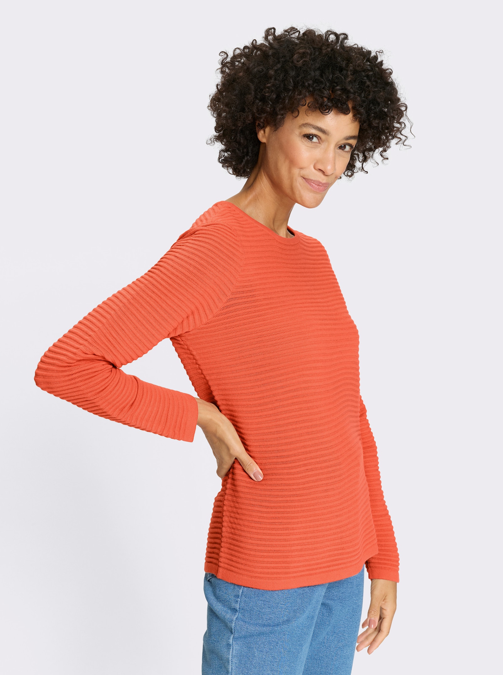 Långärmad tröja i ribbad look - korall