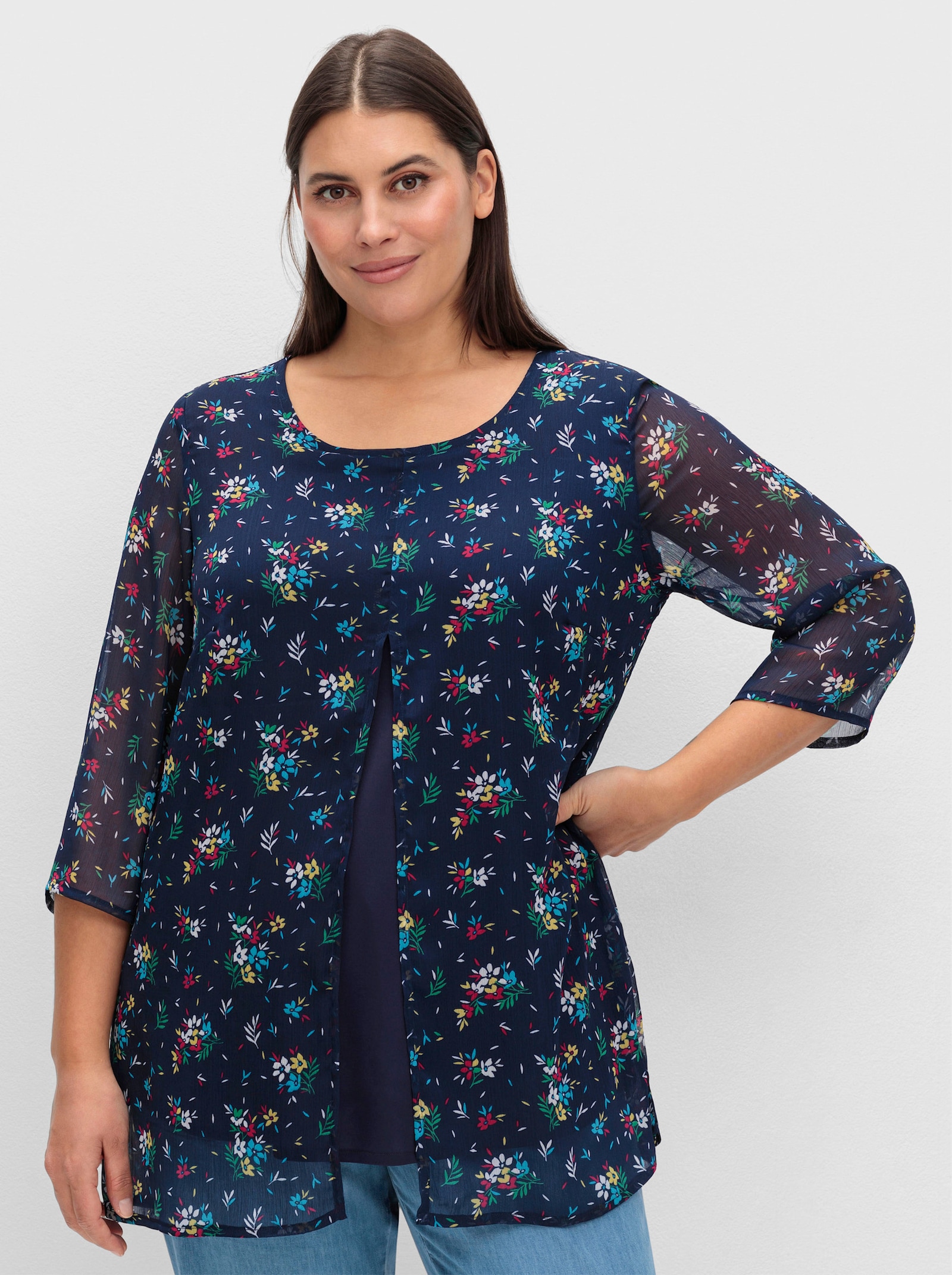  Longbluse im Lagenlook mit Chiffon - marine-pink-bedruckt
