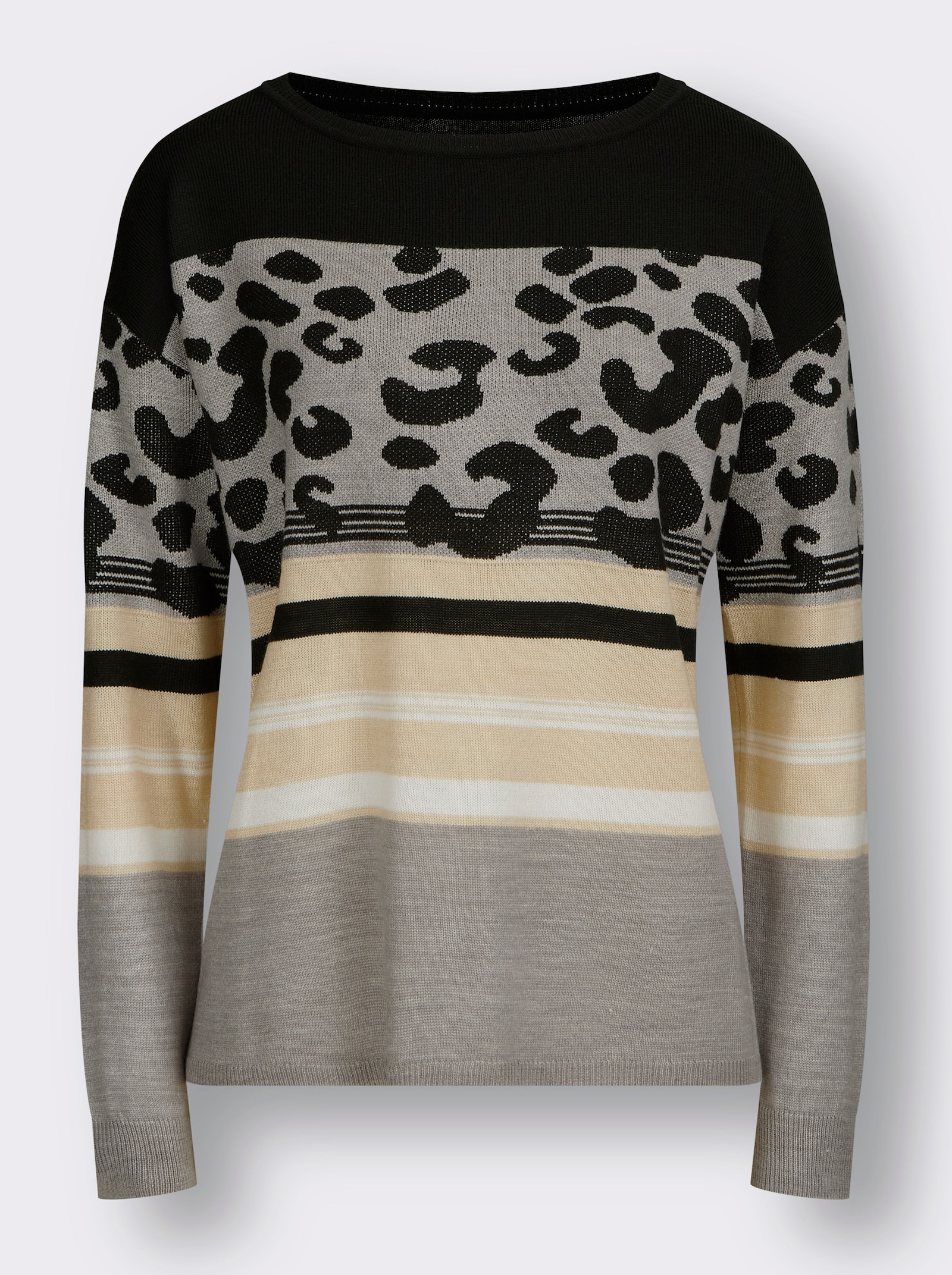 Rundhalspullover im Animal-Print, weich - schwarz-ecru-gemustert