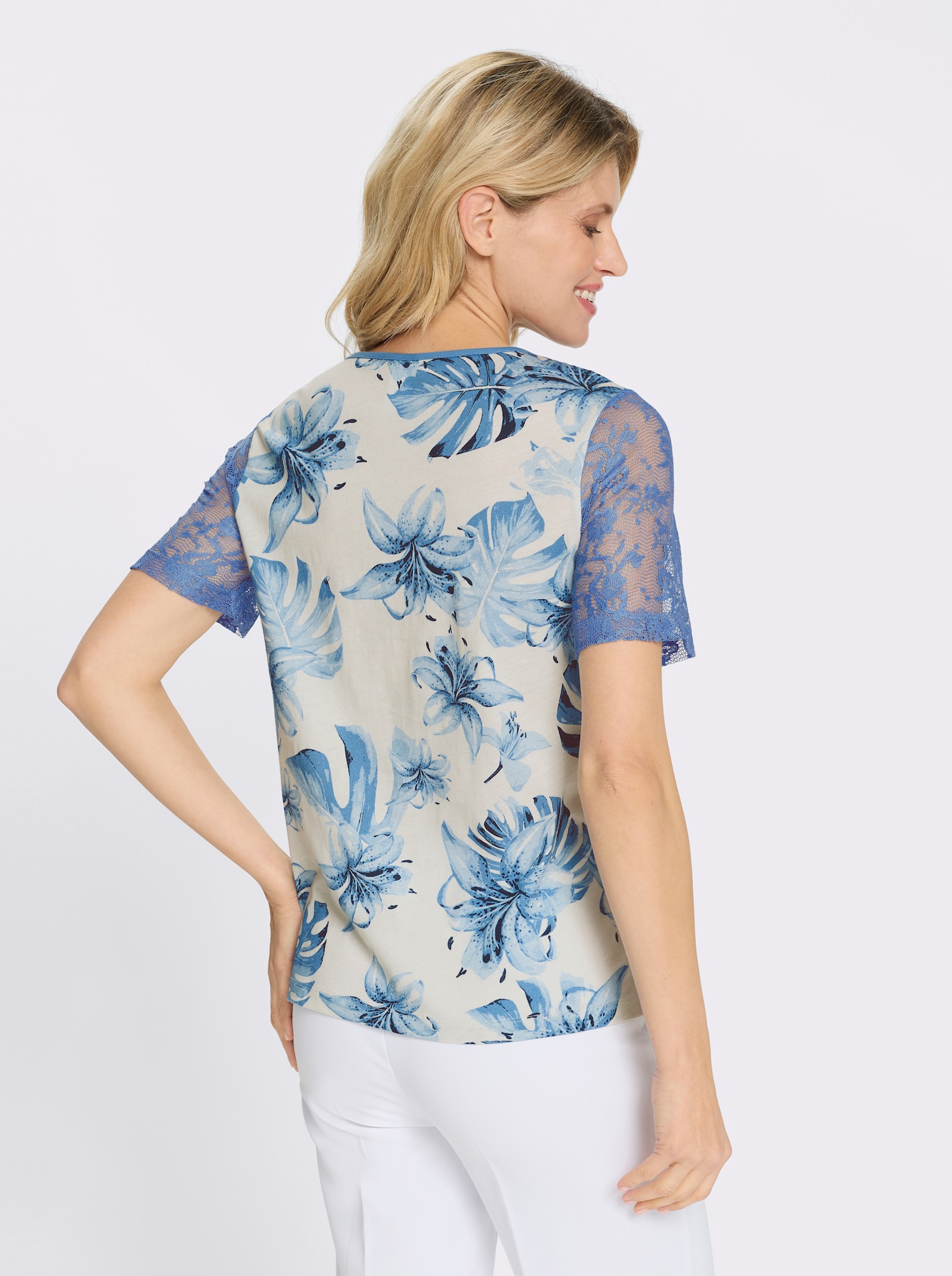 Spitzenshirt im floralen Dessin - eisblau-champagner-bedruckt